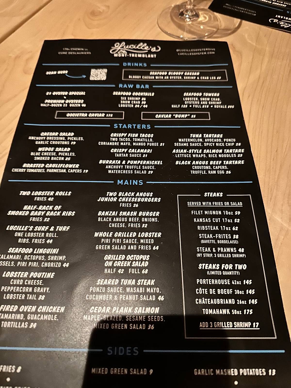 Menu au Lucille's MontTremblant restaurant, MontTremblant