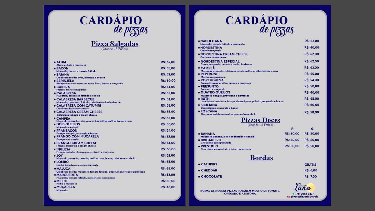 Luna Pizzaria cardápio
