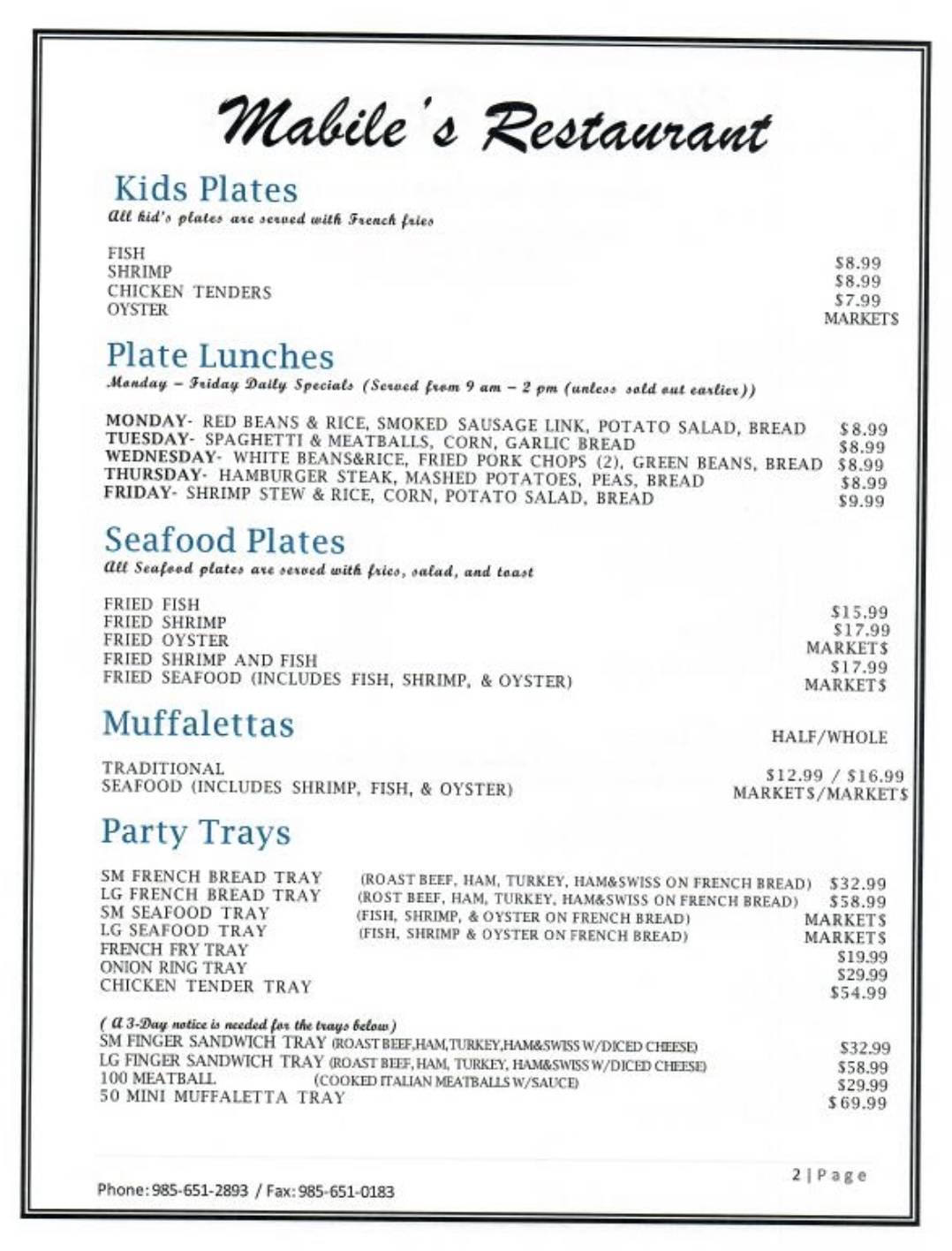 Menu at Mabile's Restaurant, LaPlace