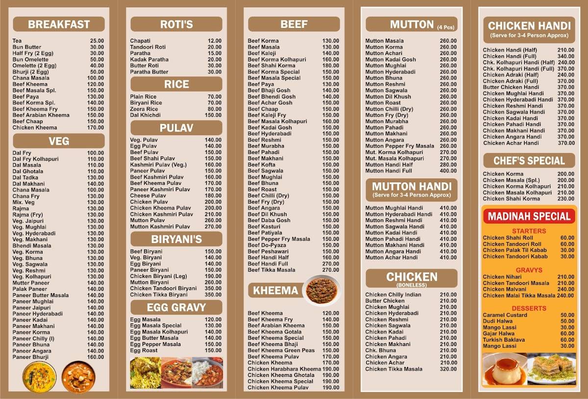Madinah Restaurant menu
