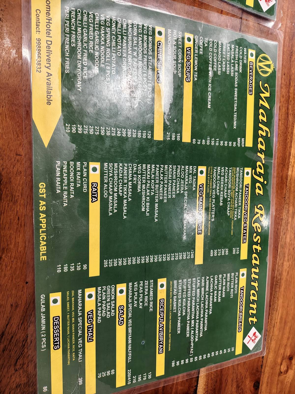 Maharaja Restaurant menu