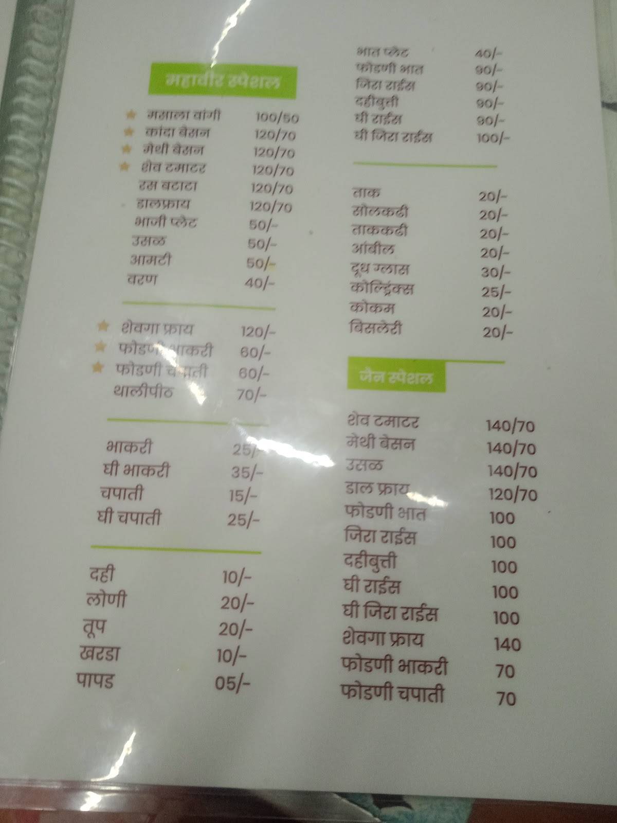 Mahavir Jain Khanaval menu