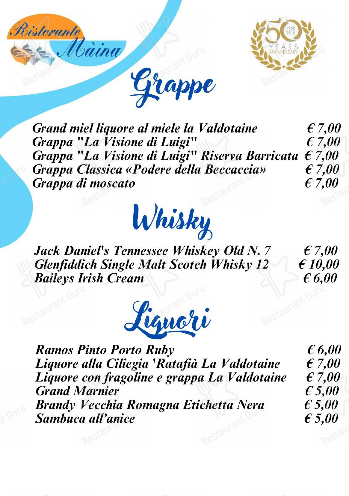 Menu di Bagni Olimpia - Ristorante Maina - Menu bar