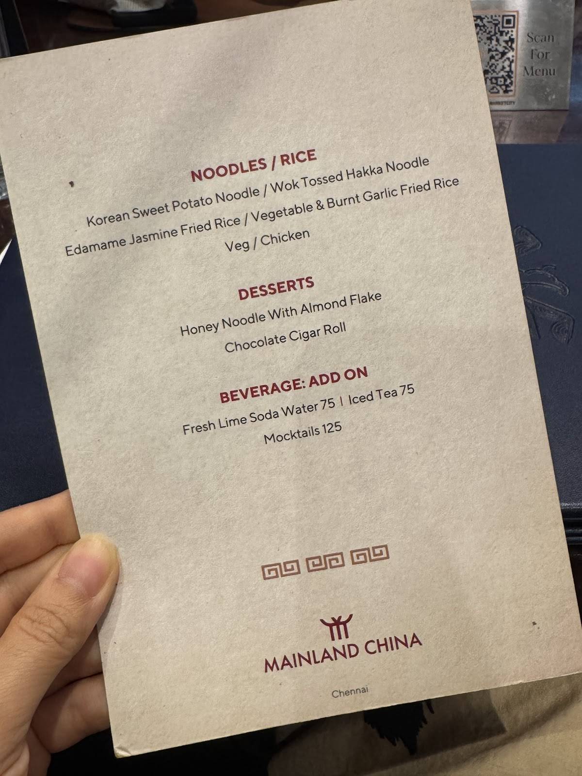 Mainland China menu