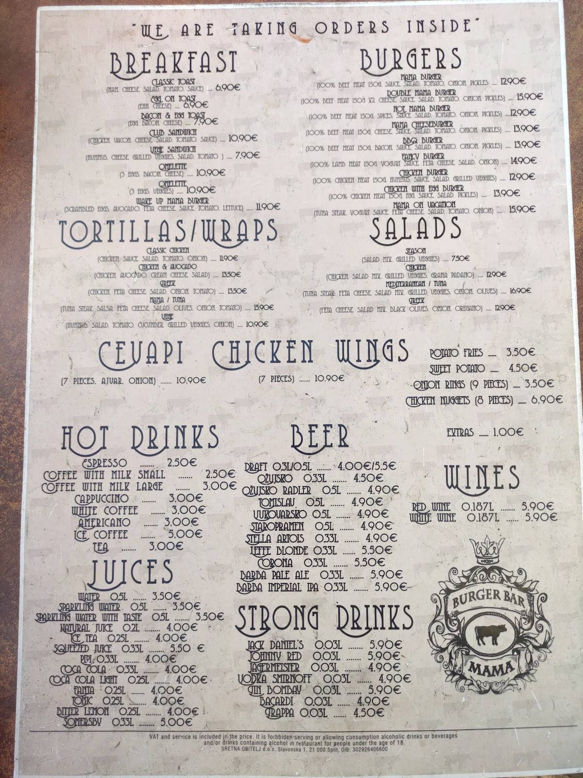 Menu de Mama burger