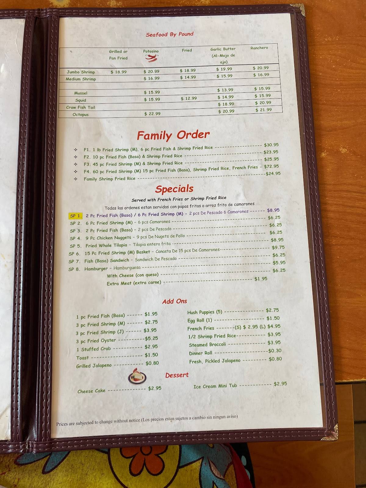 Menu at Mannie's Seafood restaurant, Houston