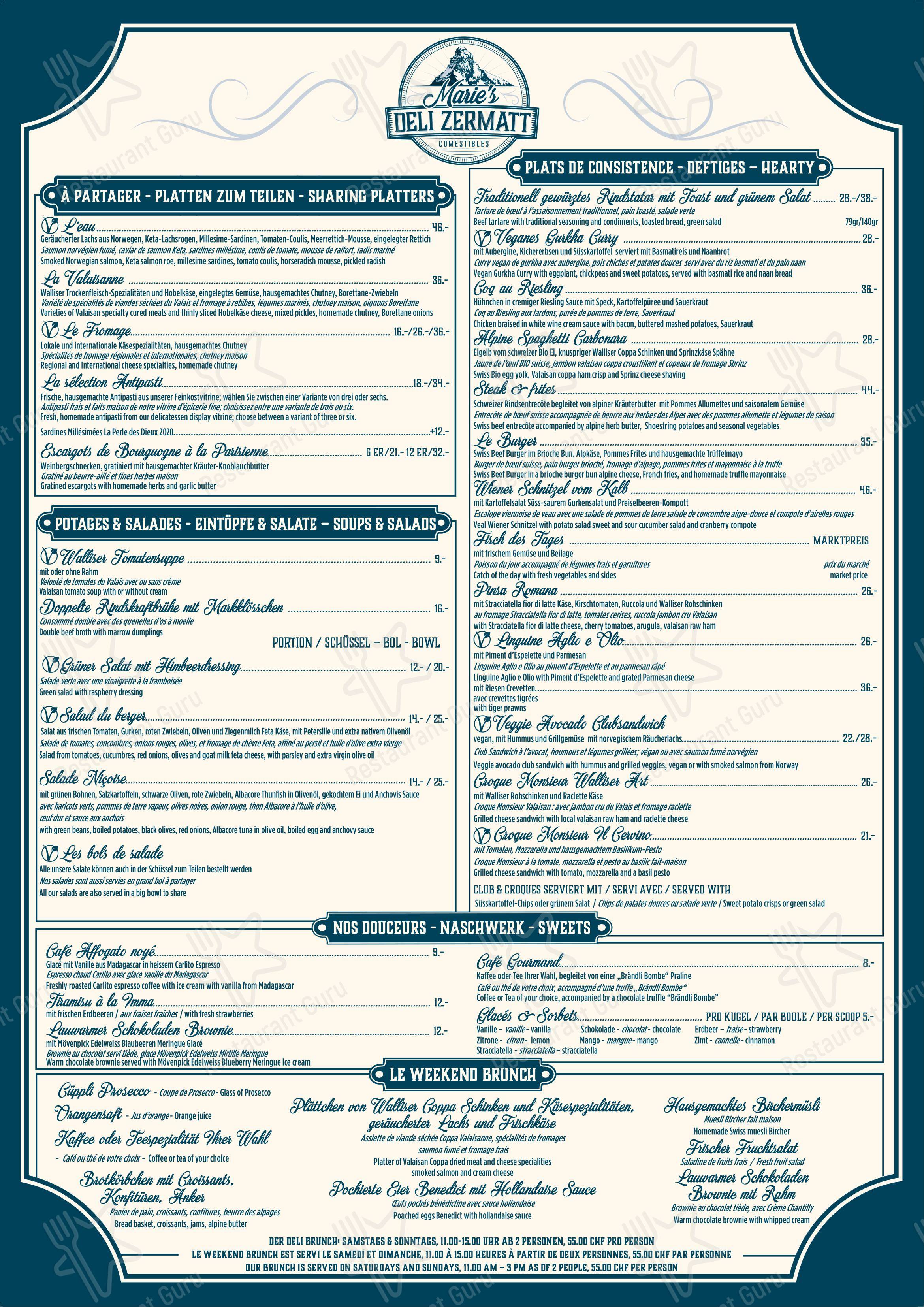 Menu per Marie's Deli Zermatt ristorante