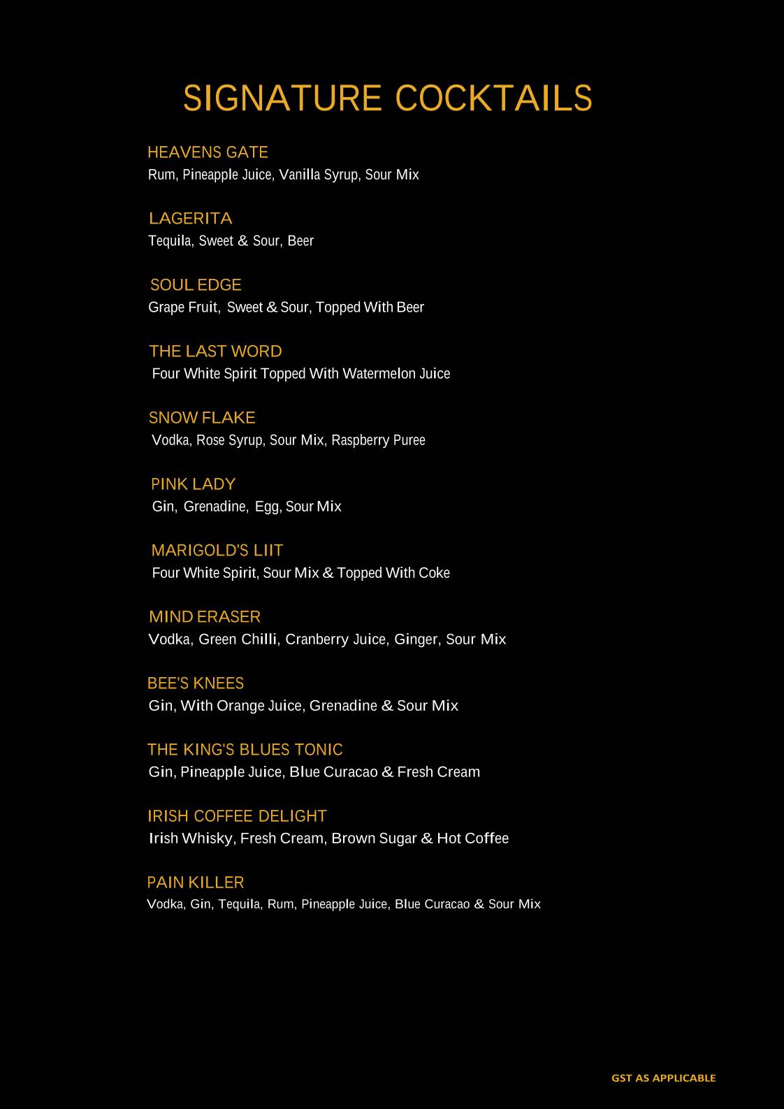 Marigold Restaurant Bar & Pub menu