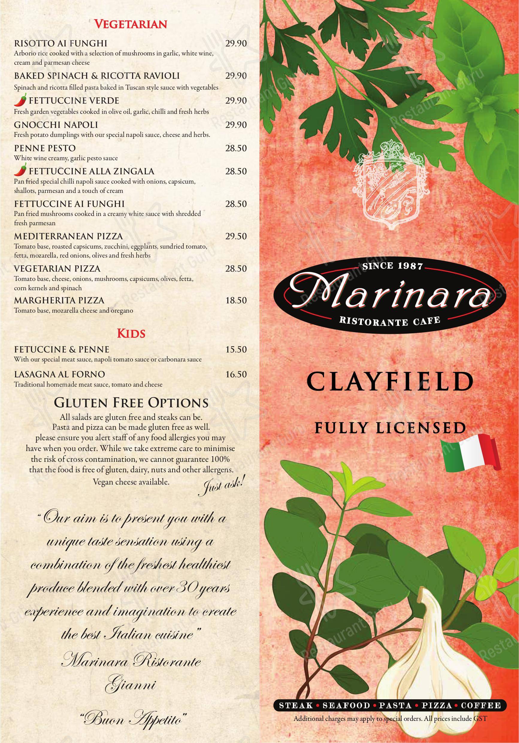 Menu at Marinara Restaurant Clayfield, Clayfield
