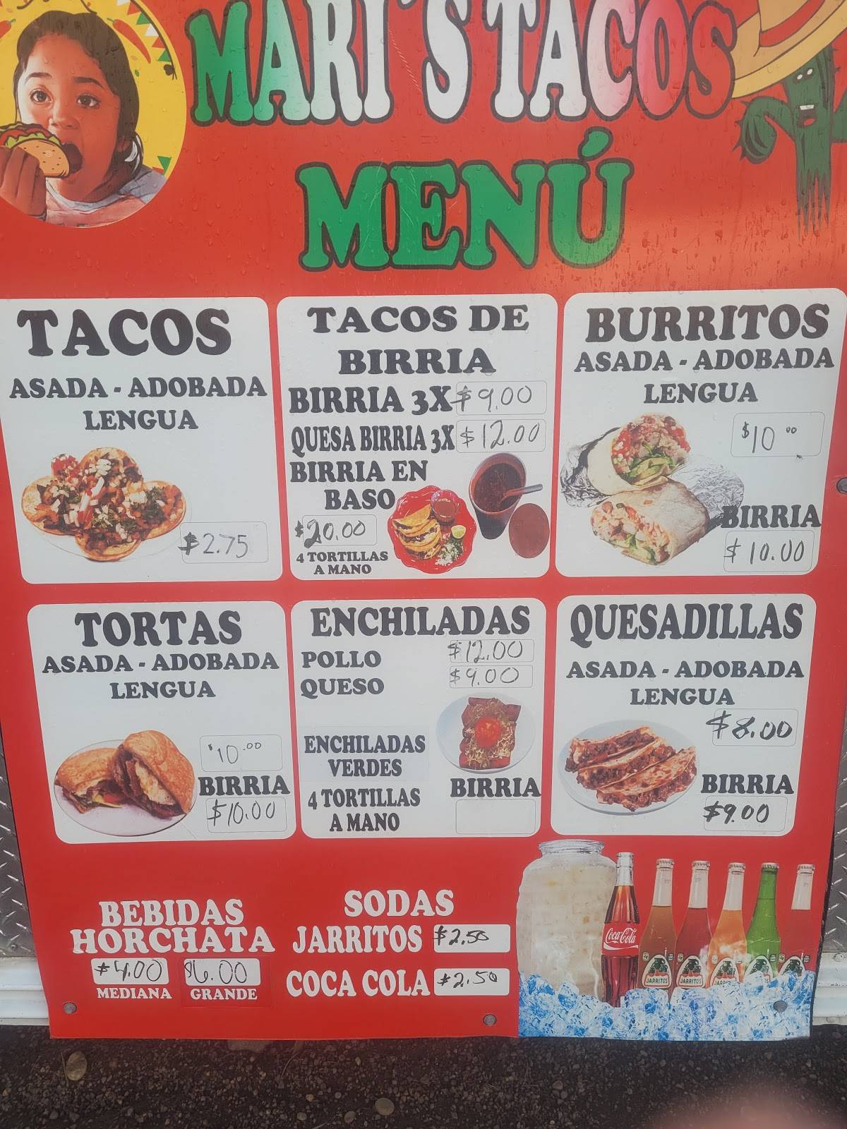 Menu at Mari's Tacos restaurant, Umatilla