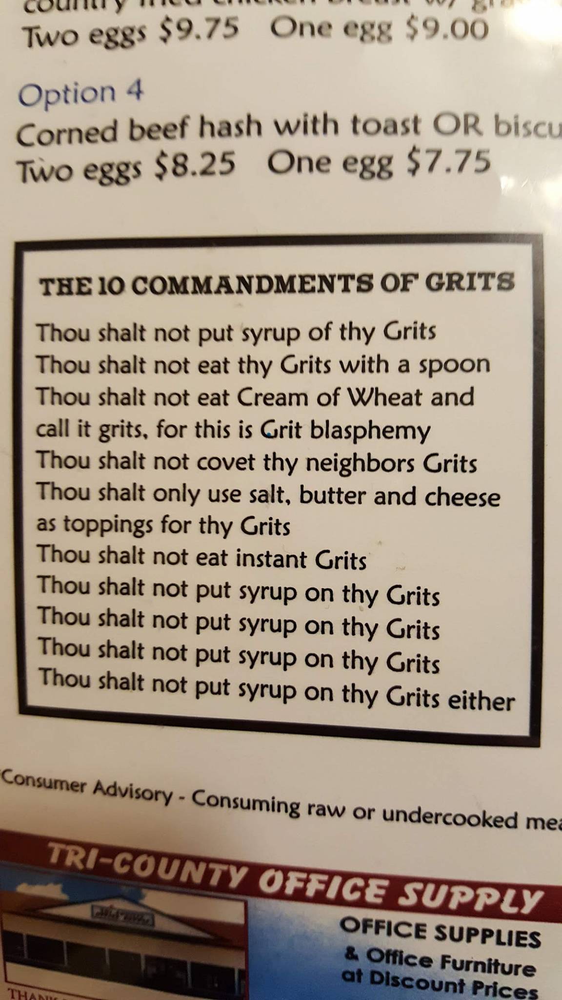 Menu at Mary's Southern Grill restaurant, Young Harris