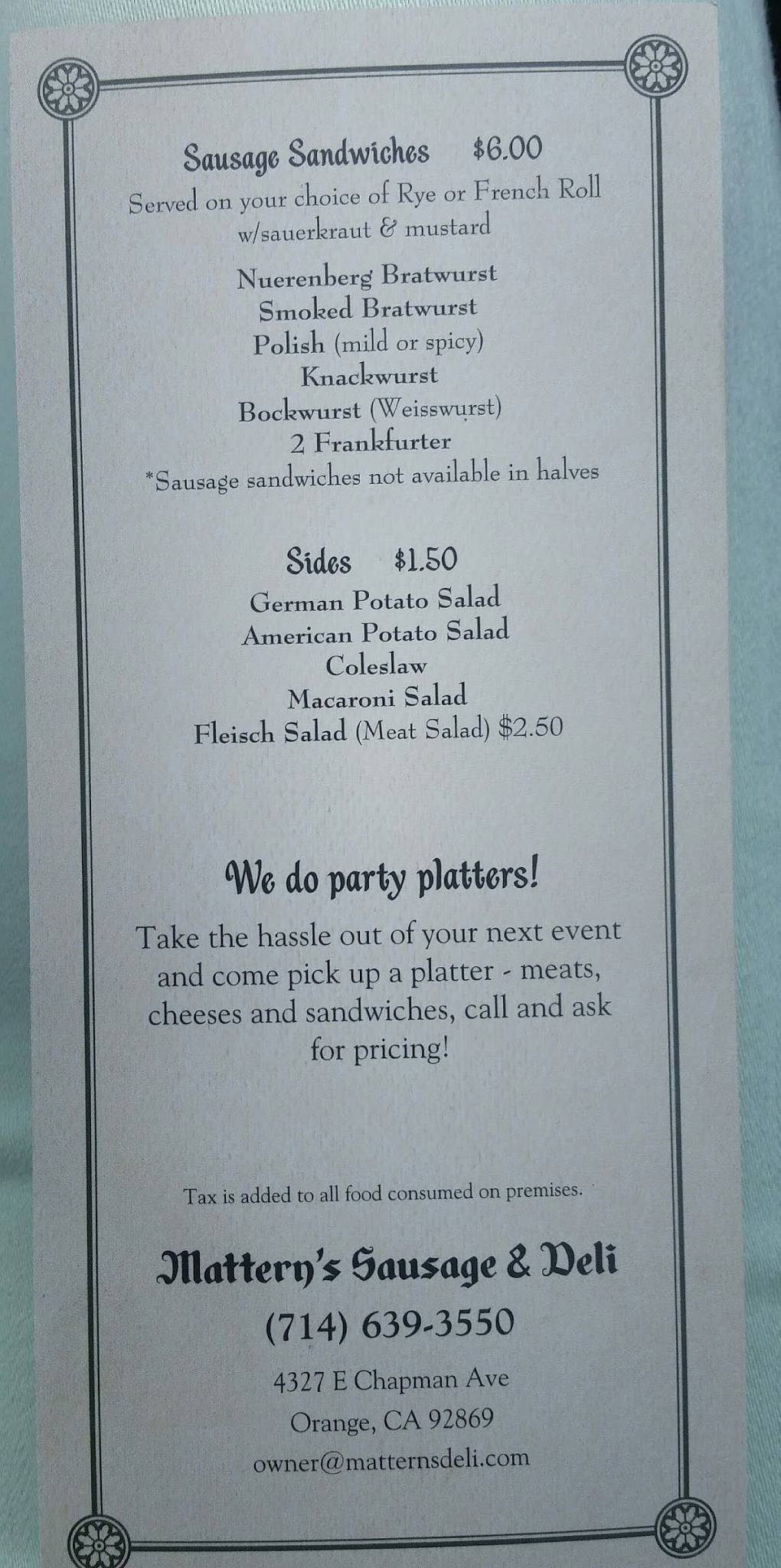Menu at Mattern’s Sausage & Deli restaurant, Orange, E Chapman Ave