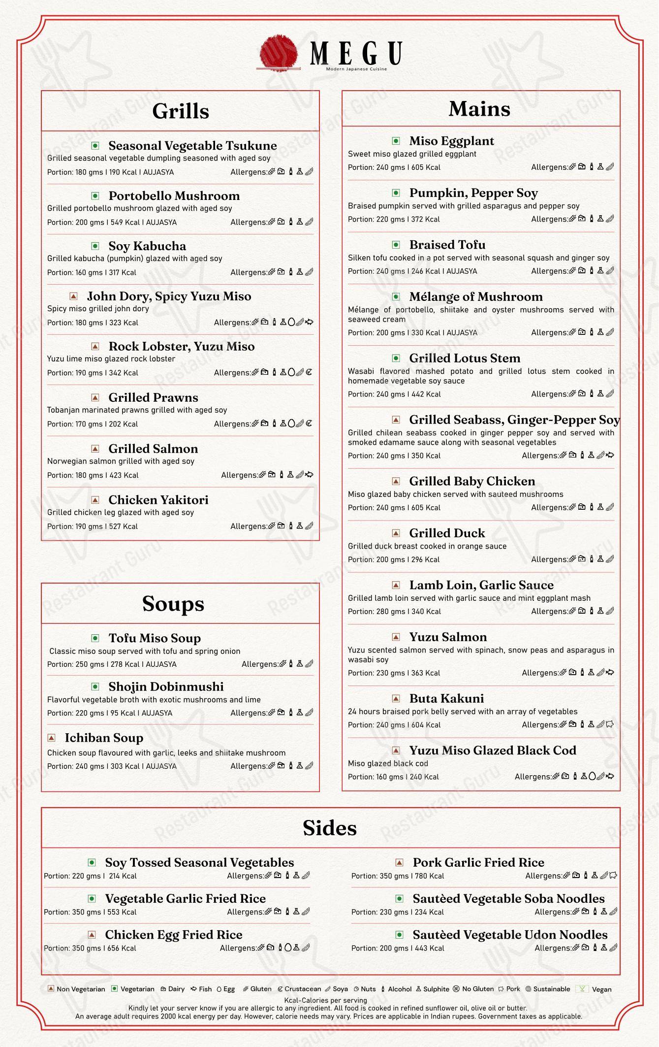 Menu bar for Megu Restaurant in New Delhi