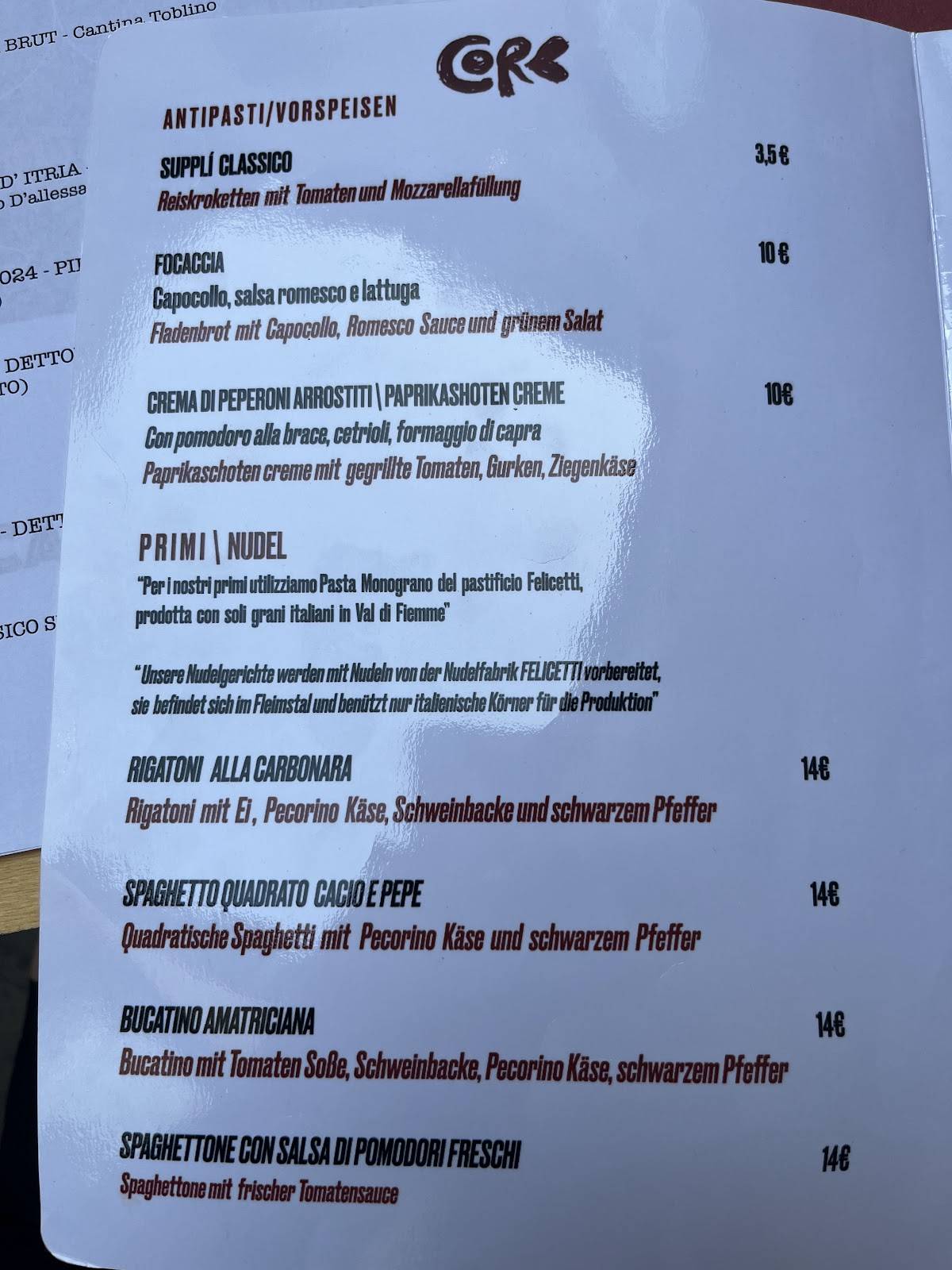 Menu di Core Osteria 