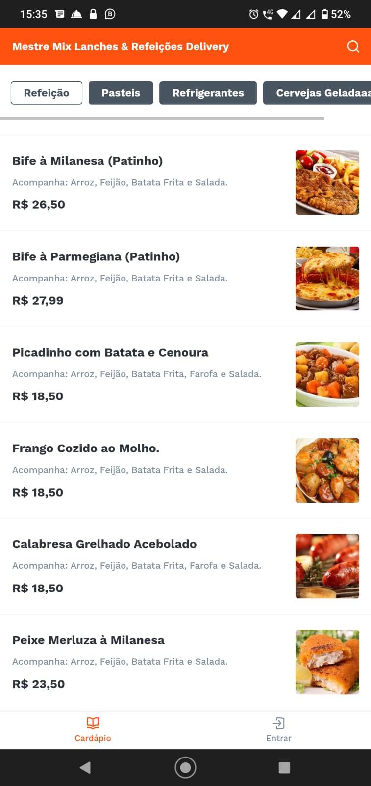 Mestre Mix Lanches, Refeições & Bebidas. cardápio
