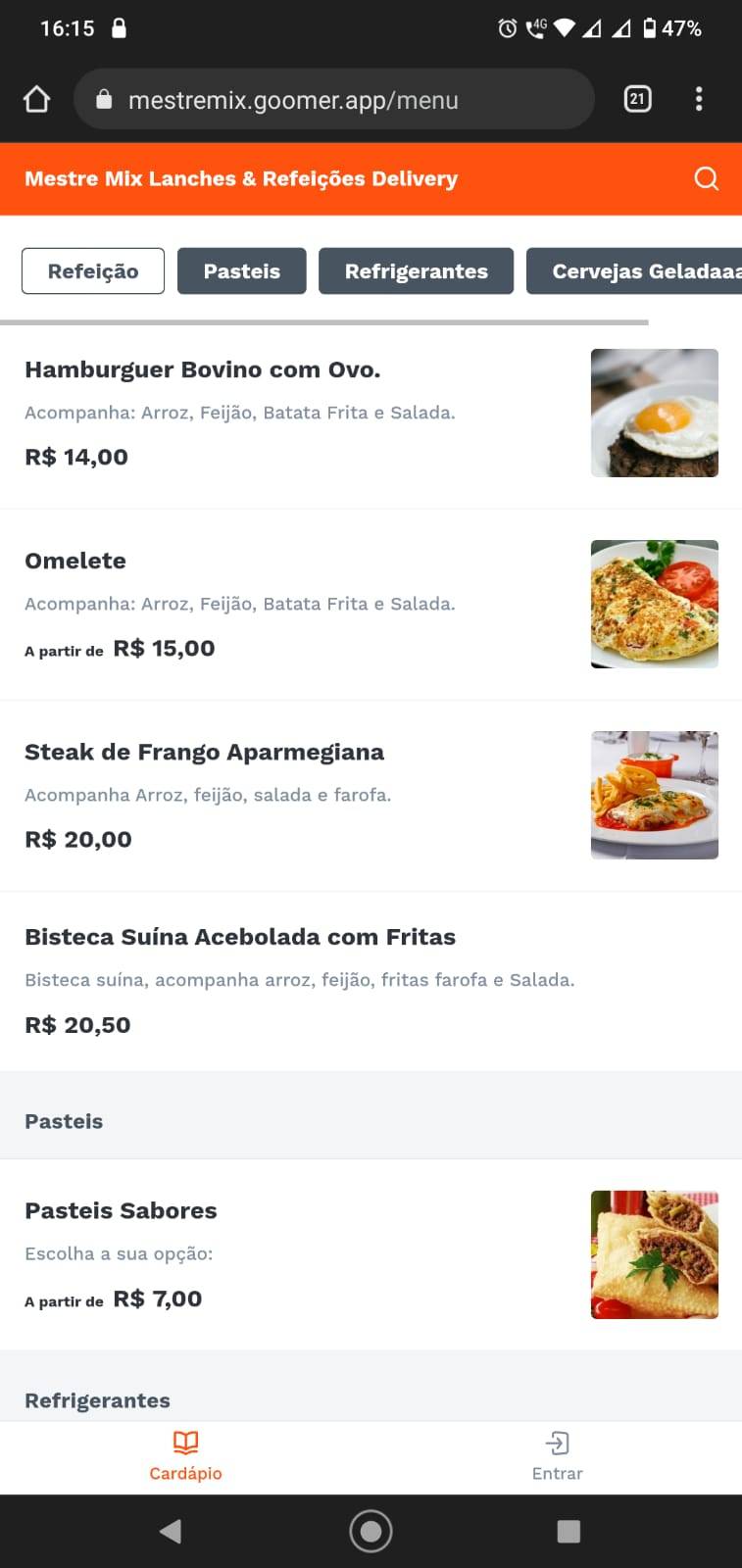 Mestre Mix Lanches, Refeições & Bebidas. cardápio