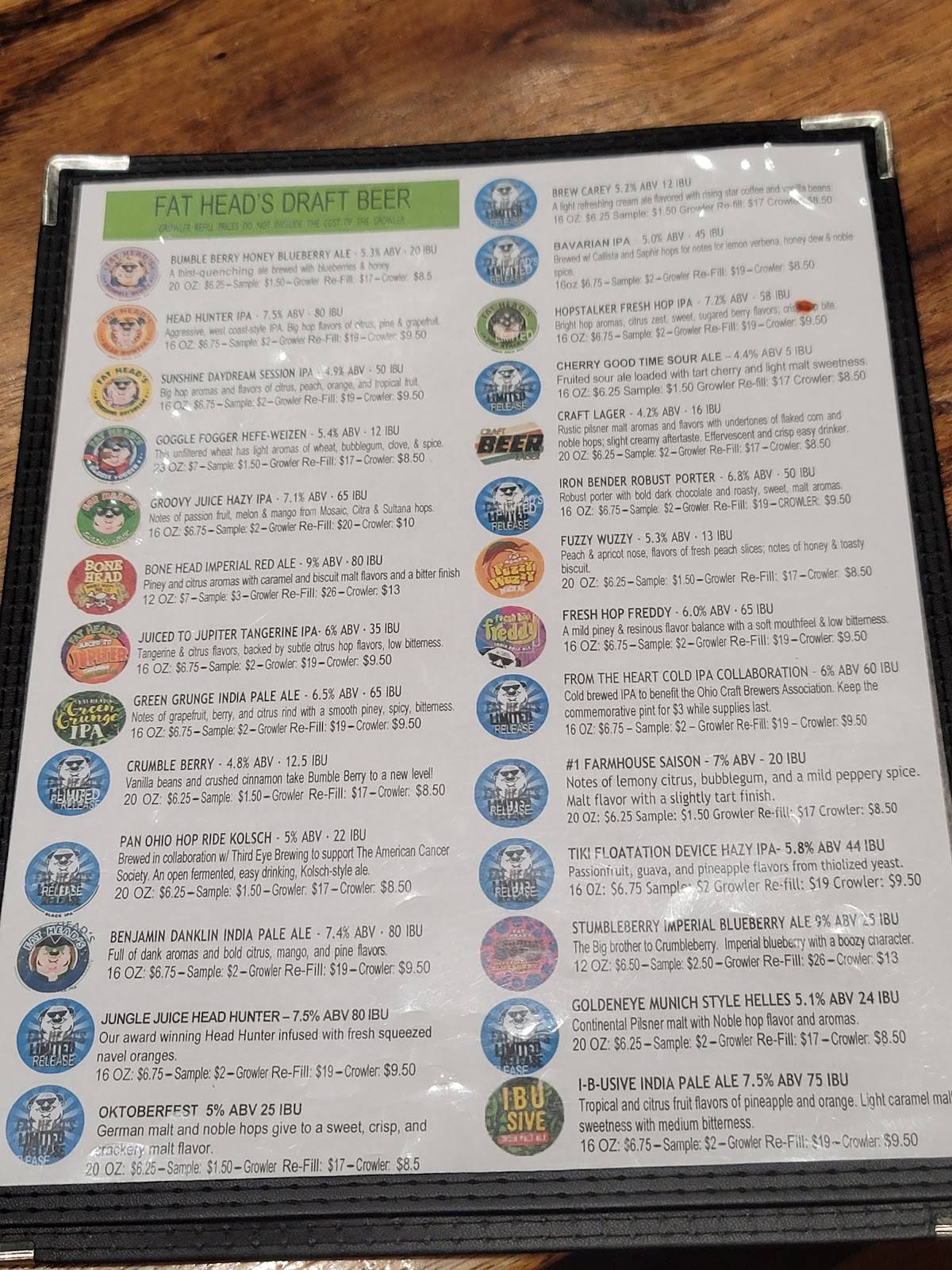 Menu at Fat Head's Brewery restaurant, Middleburg Heights