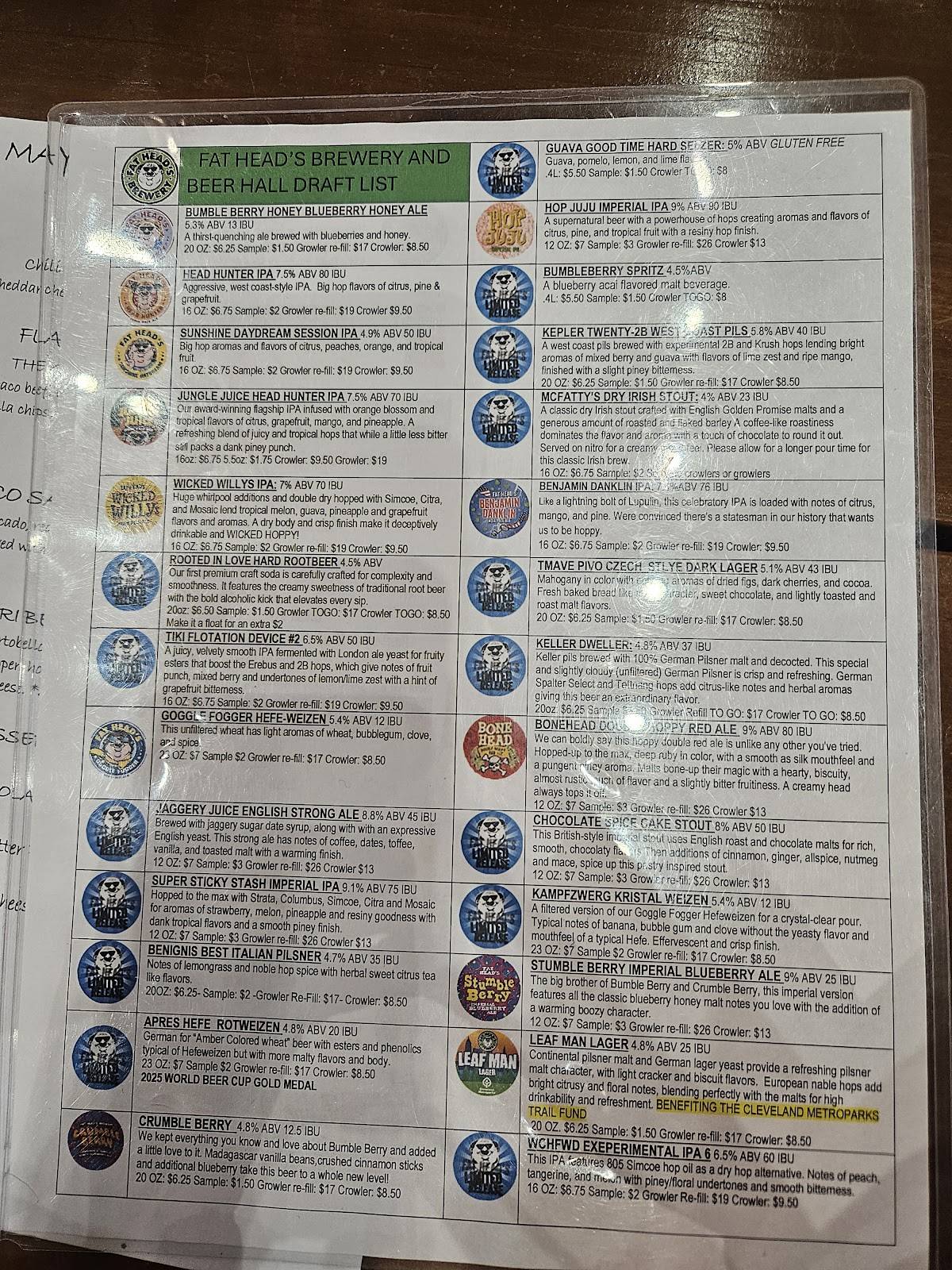Menu at Fat Head's Brewery restaurant, Middleburg Heights