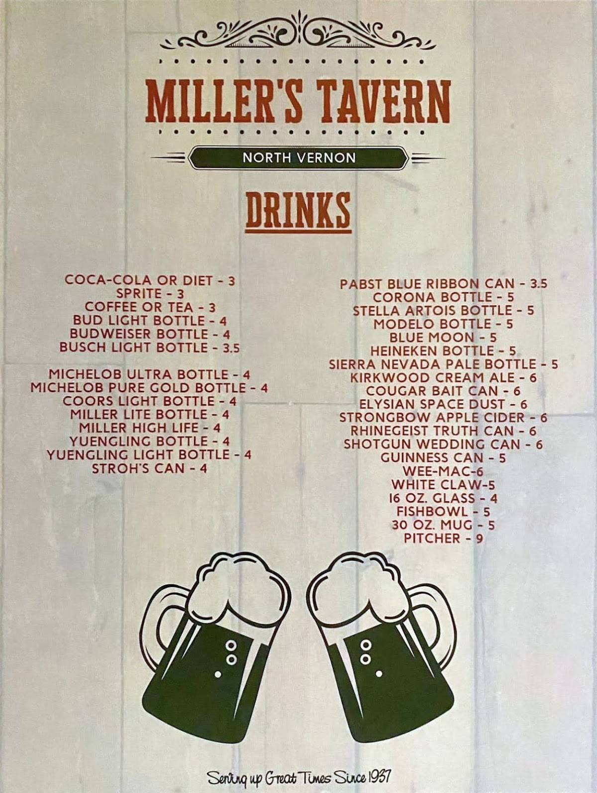 Menu at Miller's Tavern pub & bar, North Vernon