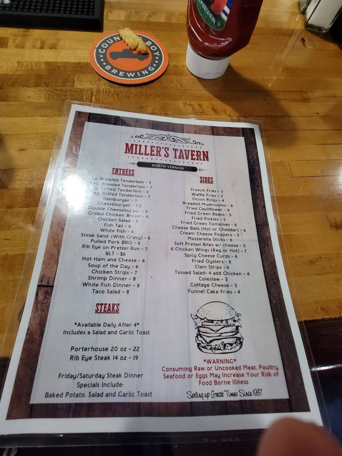 Menu at Miller's Tavern pub & bar, North Vernon