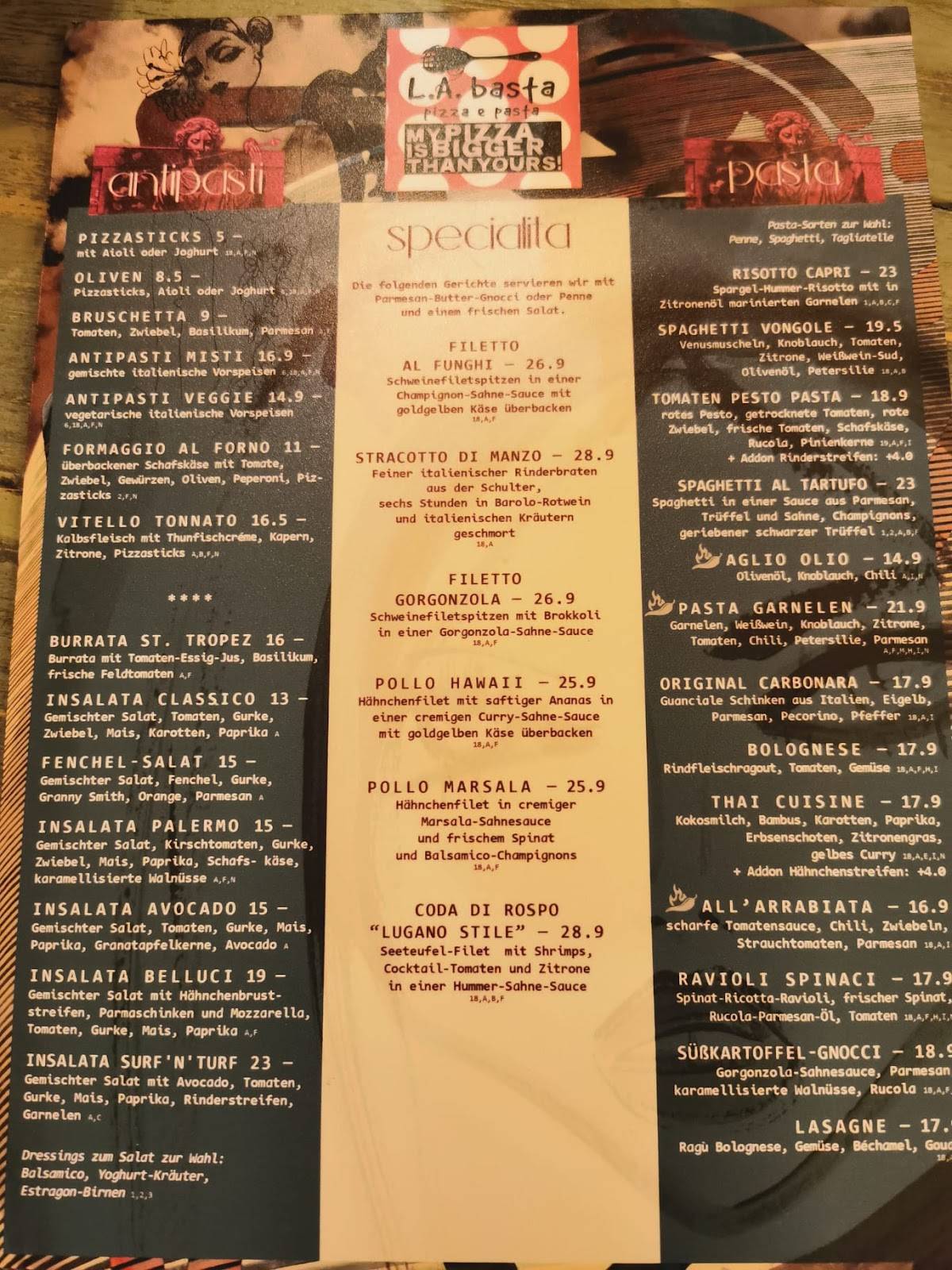 Speisekarte von L.A. basta pizza e pasta, Minden