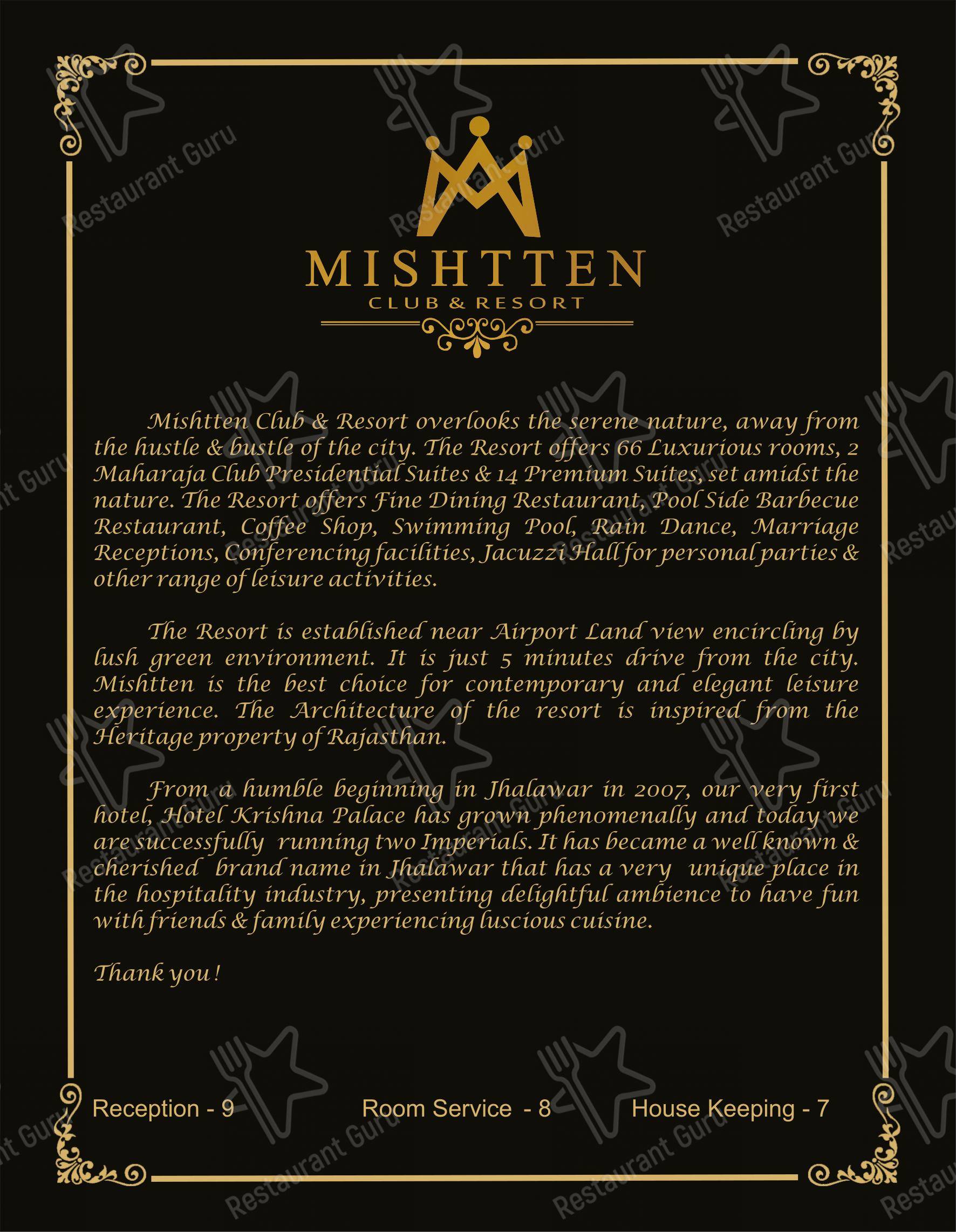 Mishtten Club & Resort - Menu