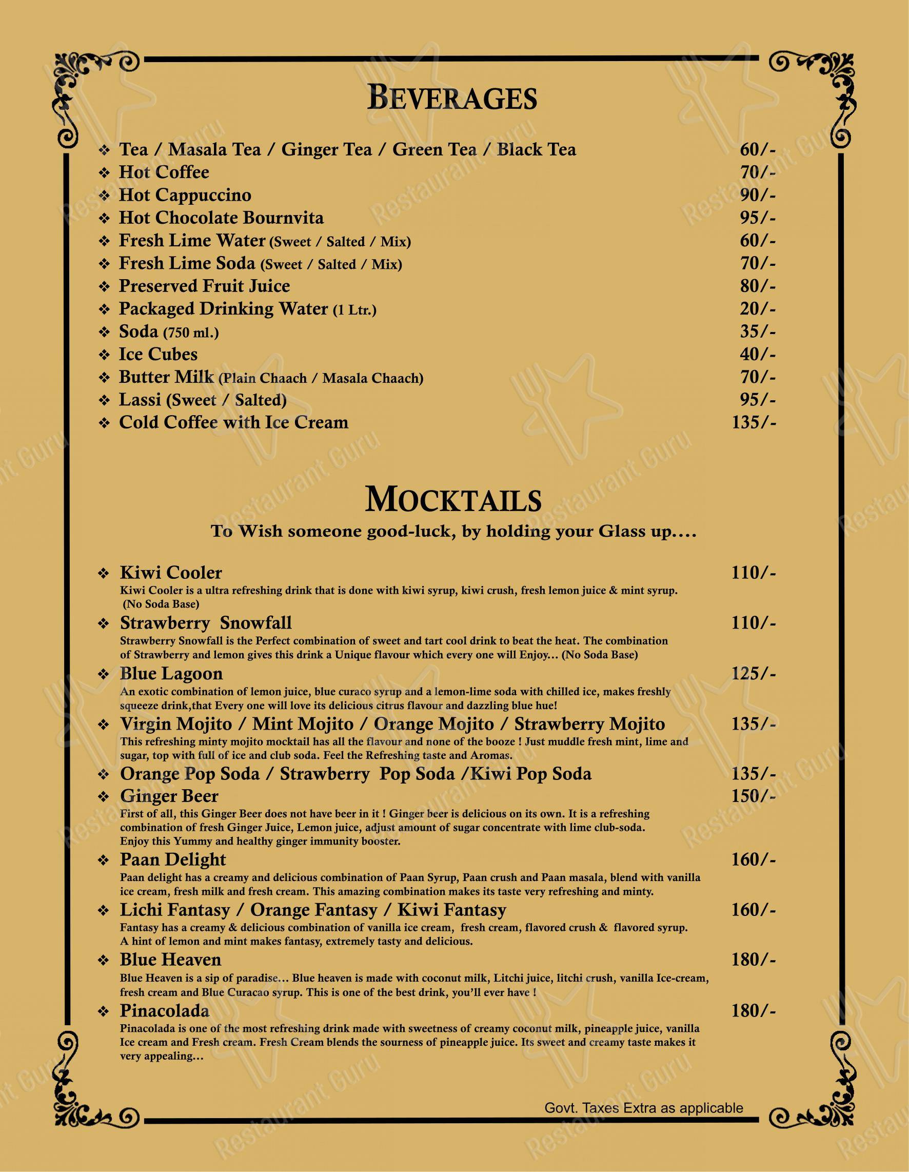 Menu for the Mishtten Club & Resort restaurant
