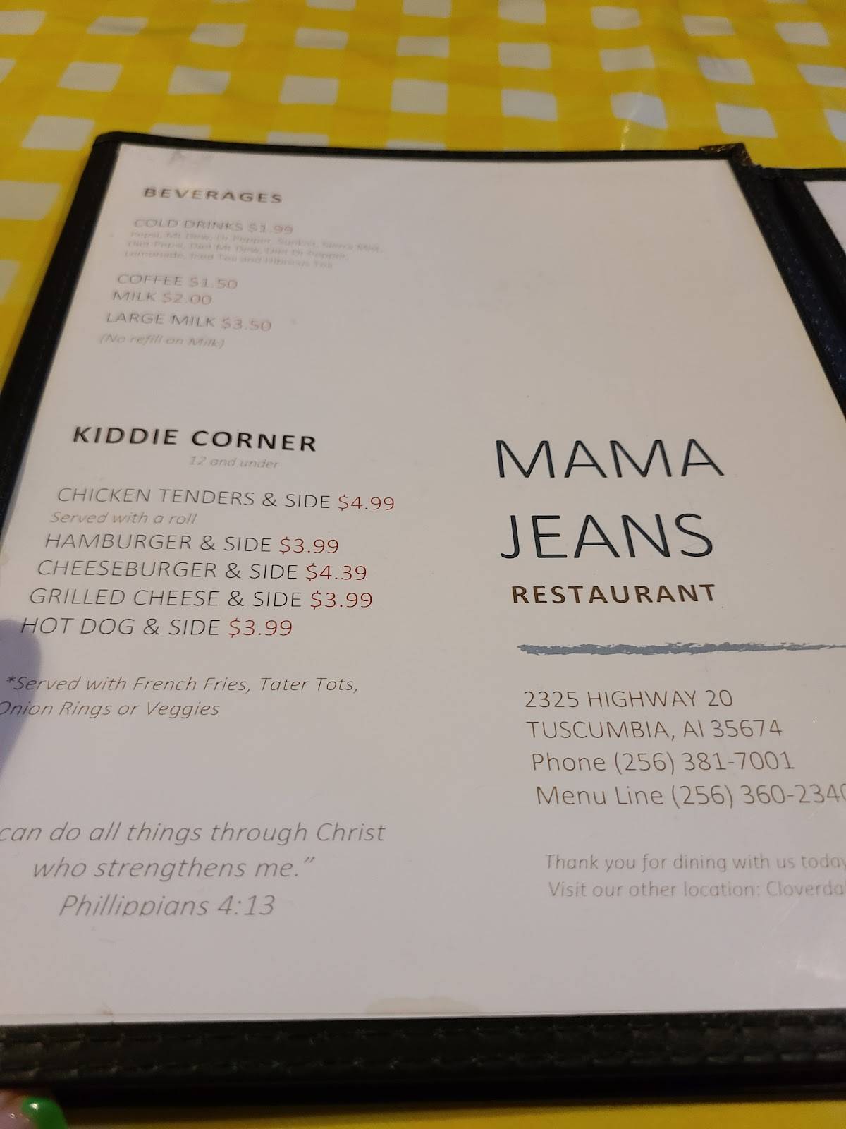 Menu at Momma Jean's Restaurant, Tuscumbia