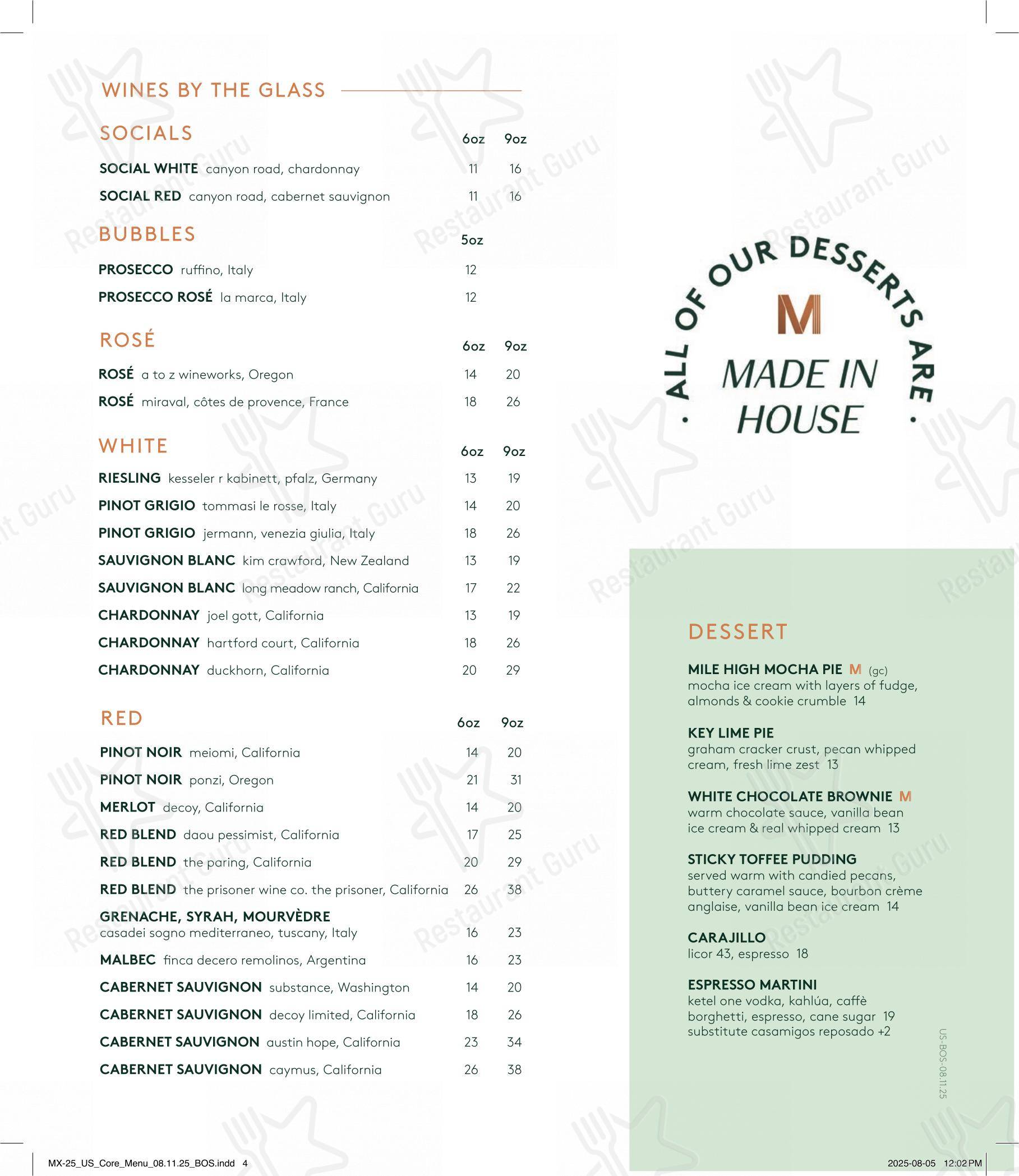 Menu pour Moxies Polo Park Restaurant - Menu