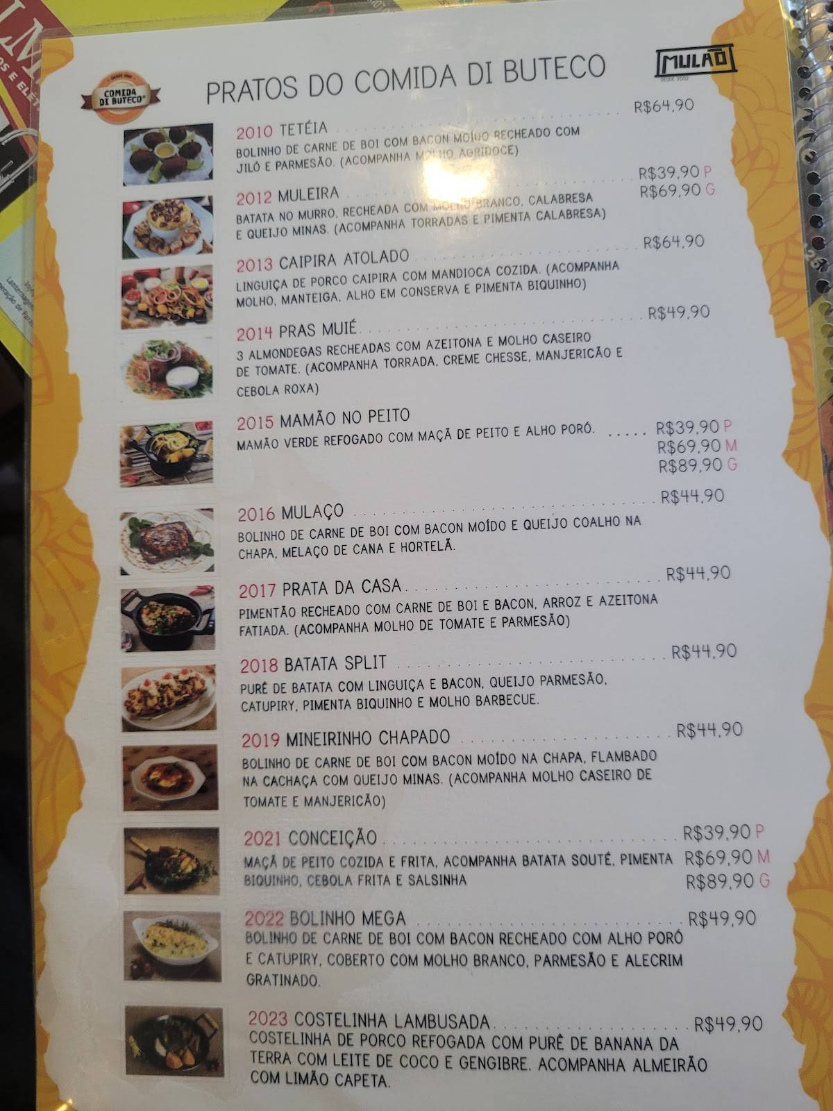 Mulão cardápio
