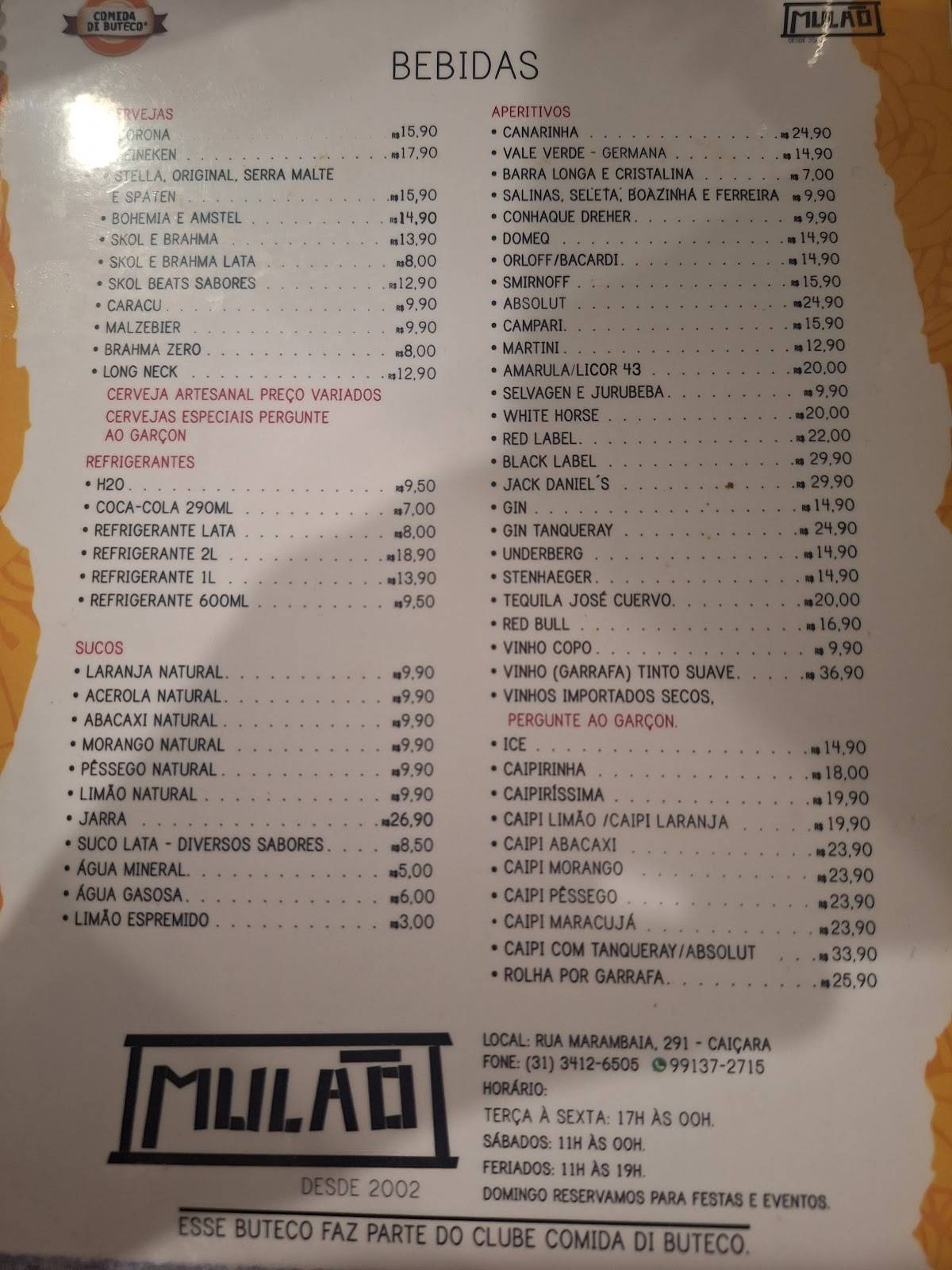Mulão cardápio