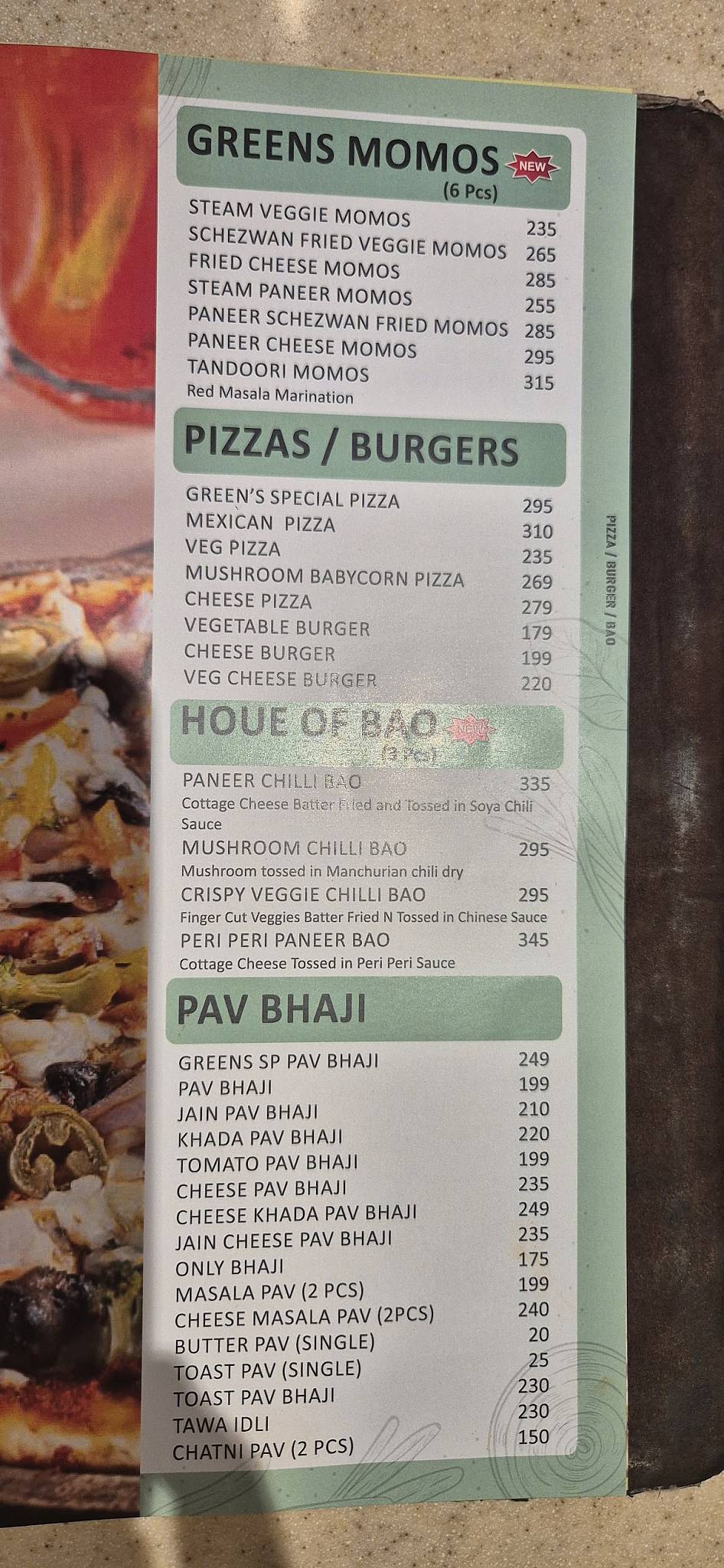 Greens Veg Restaurant menu