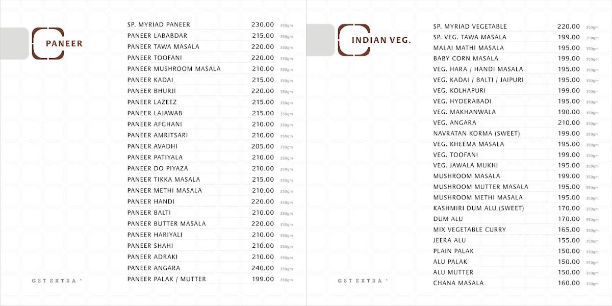 Myriad Restaurant & Banquets menu