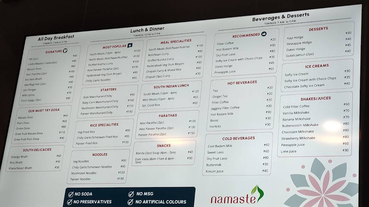 Namaste menu