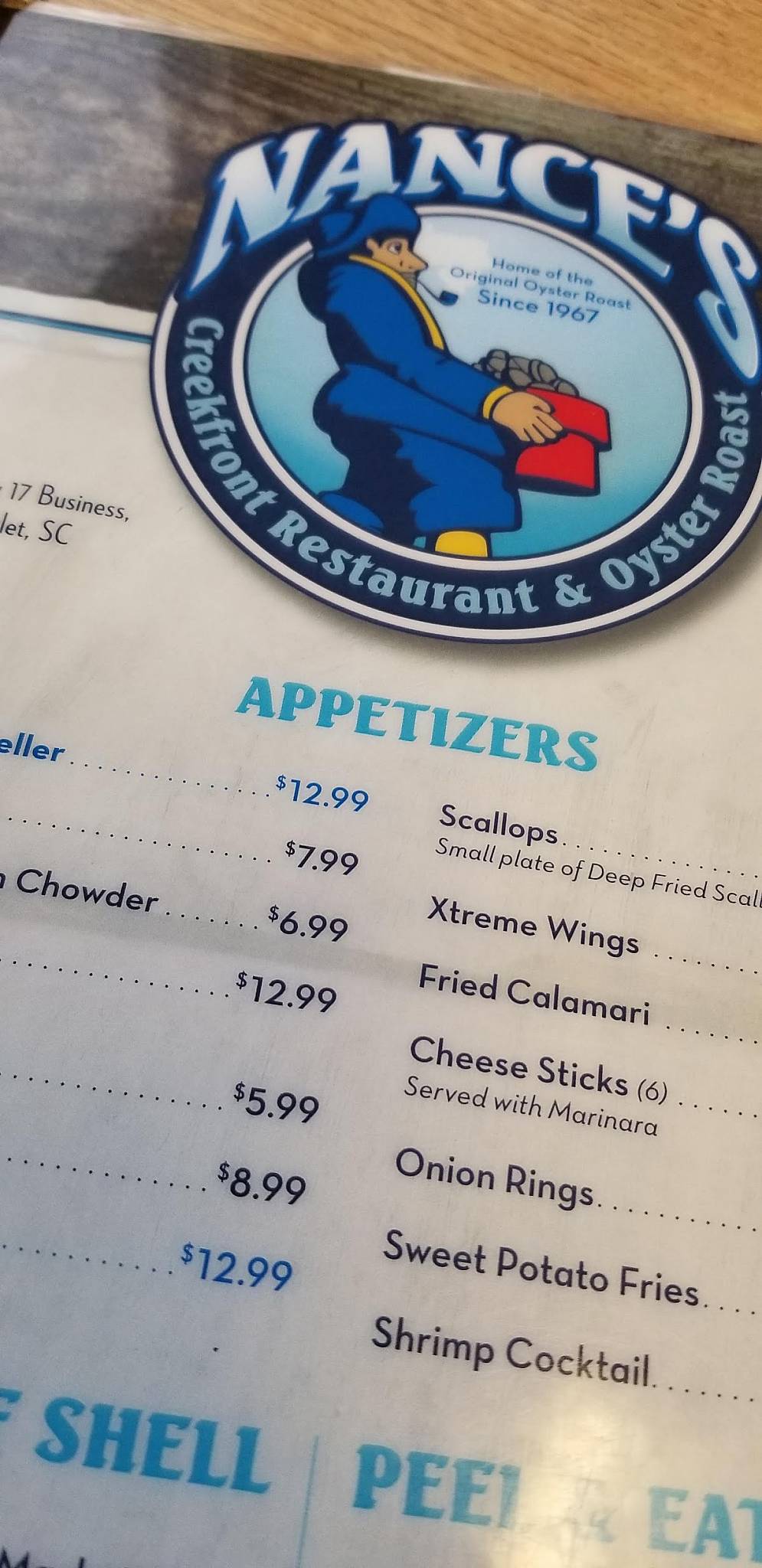 Menu at Nance's Restaurant, Murrells Inlet, US17 BUS