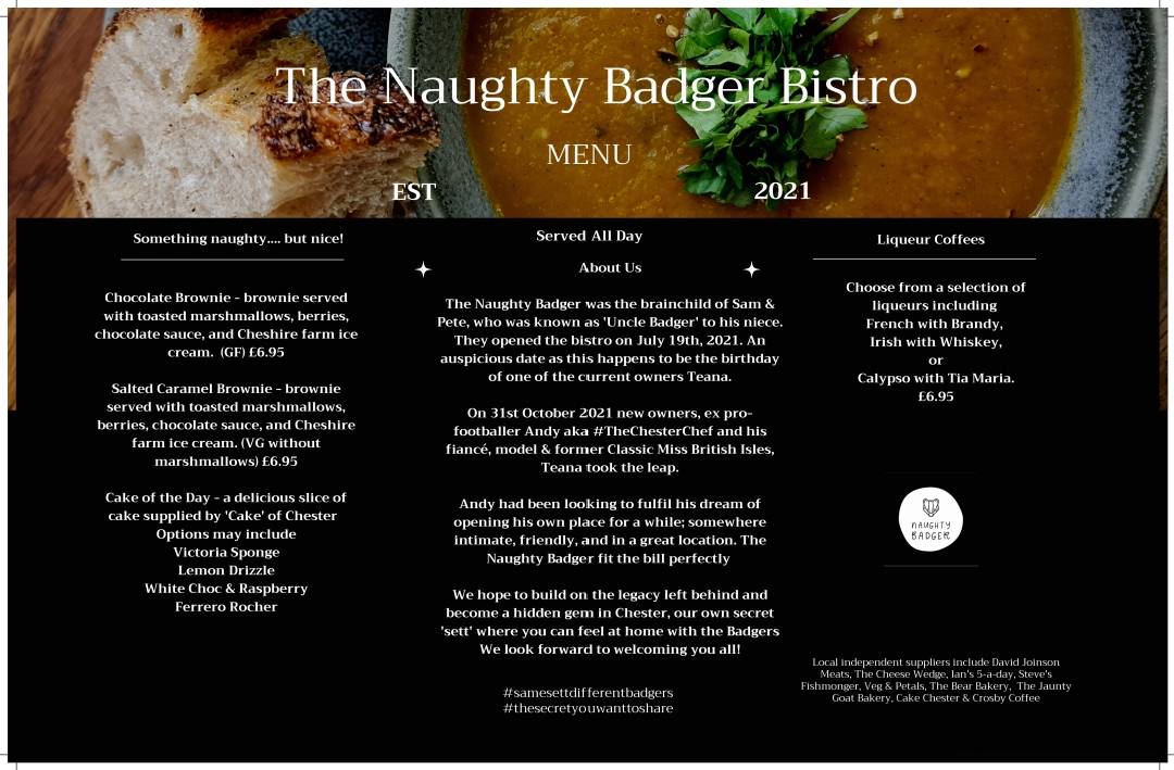 Menu at The Naughty Badger Bistro cafe, Chester