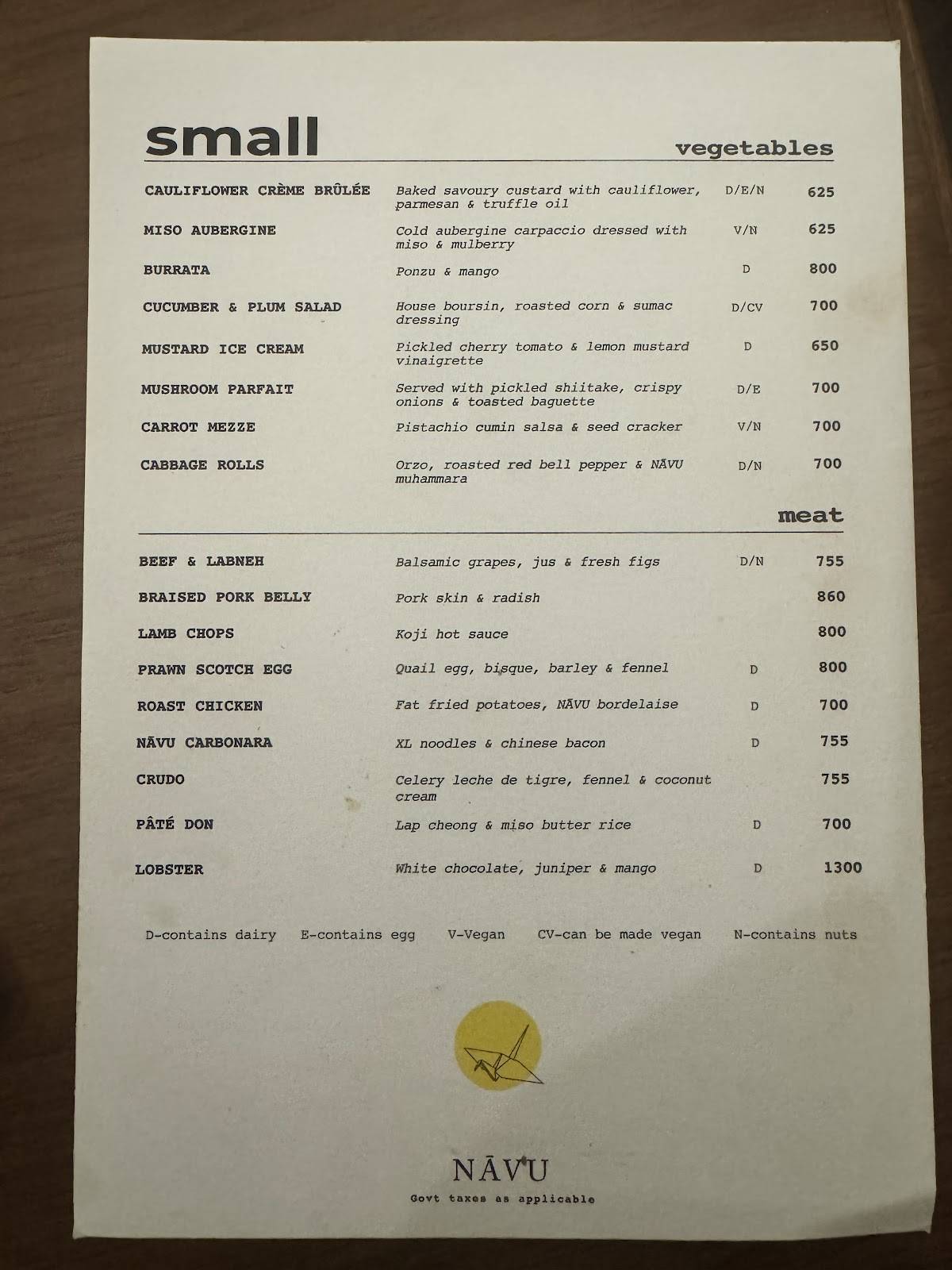 Nāvu Kitchen menu