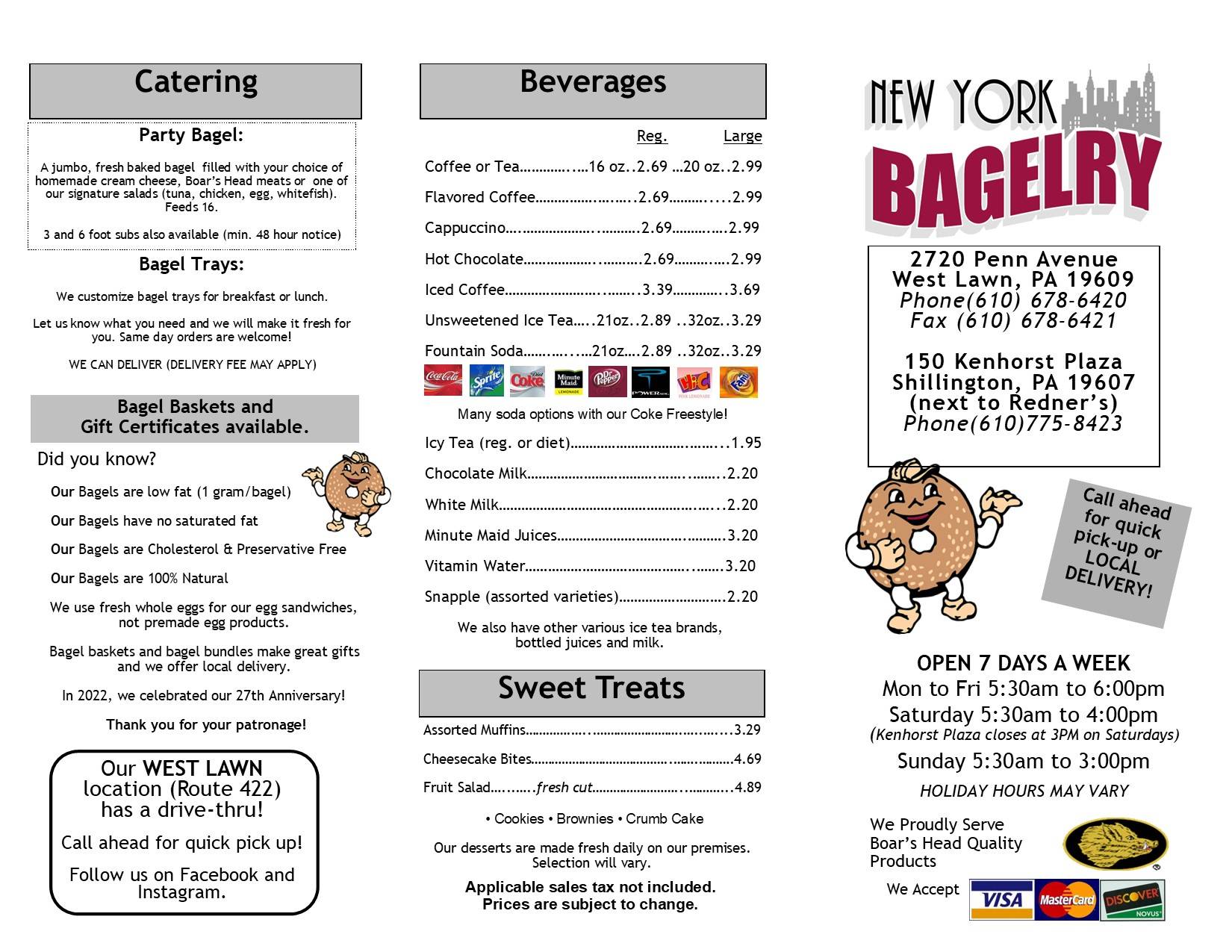 Menu at New York Bagelry restaurant, West Lawn, Penn Ave