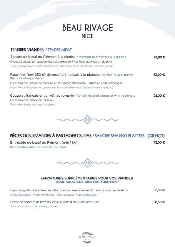 Menu de Plage Beau Rivage Nice