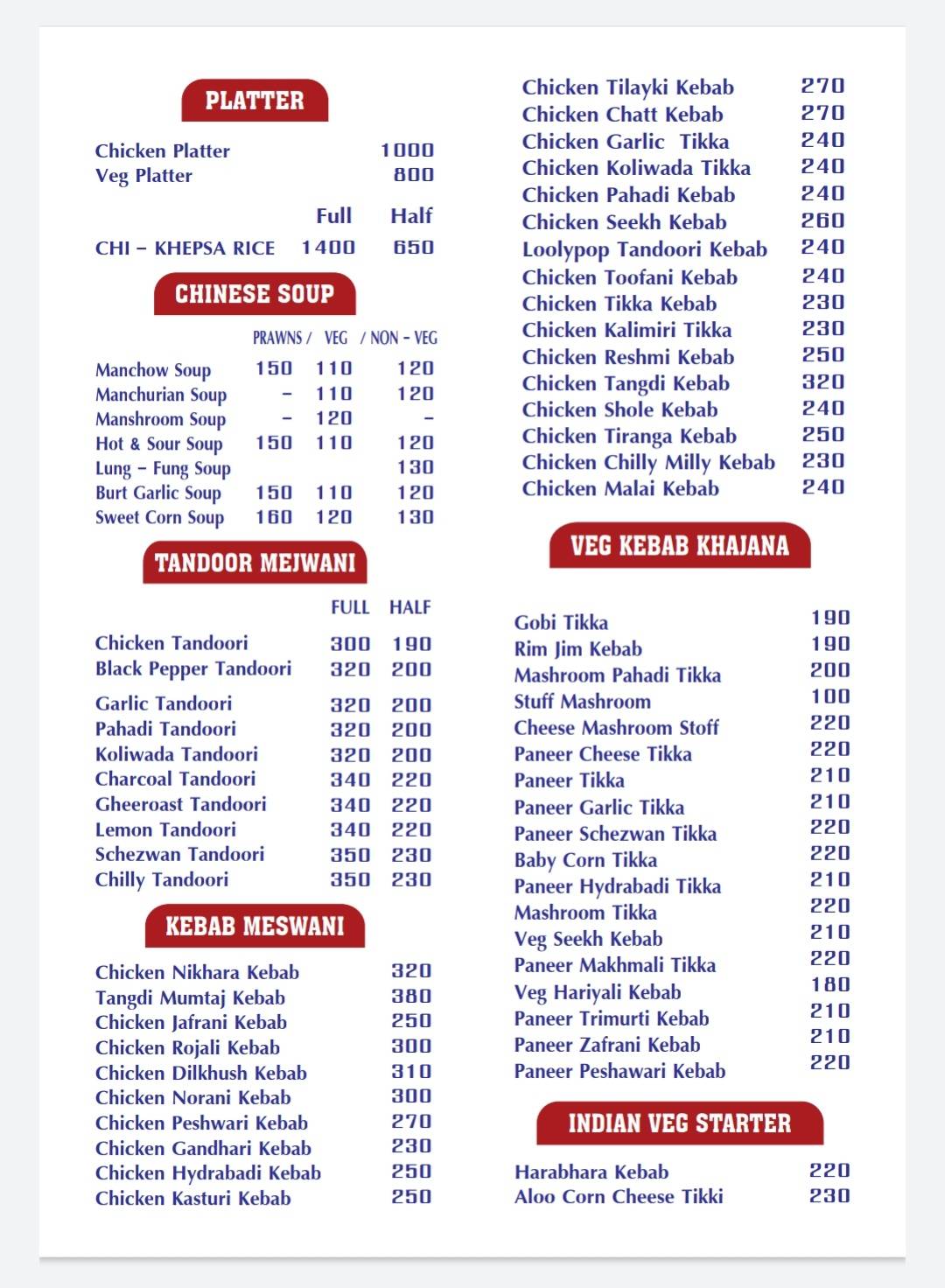 Nikhara Restaurant menu