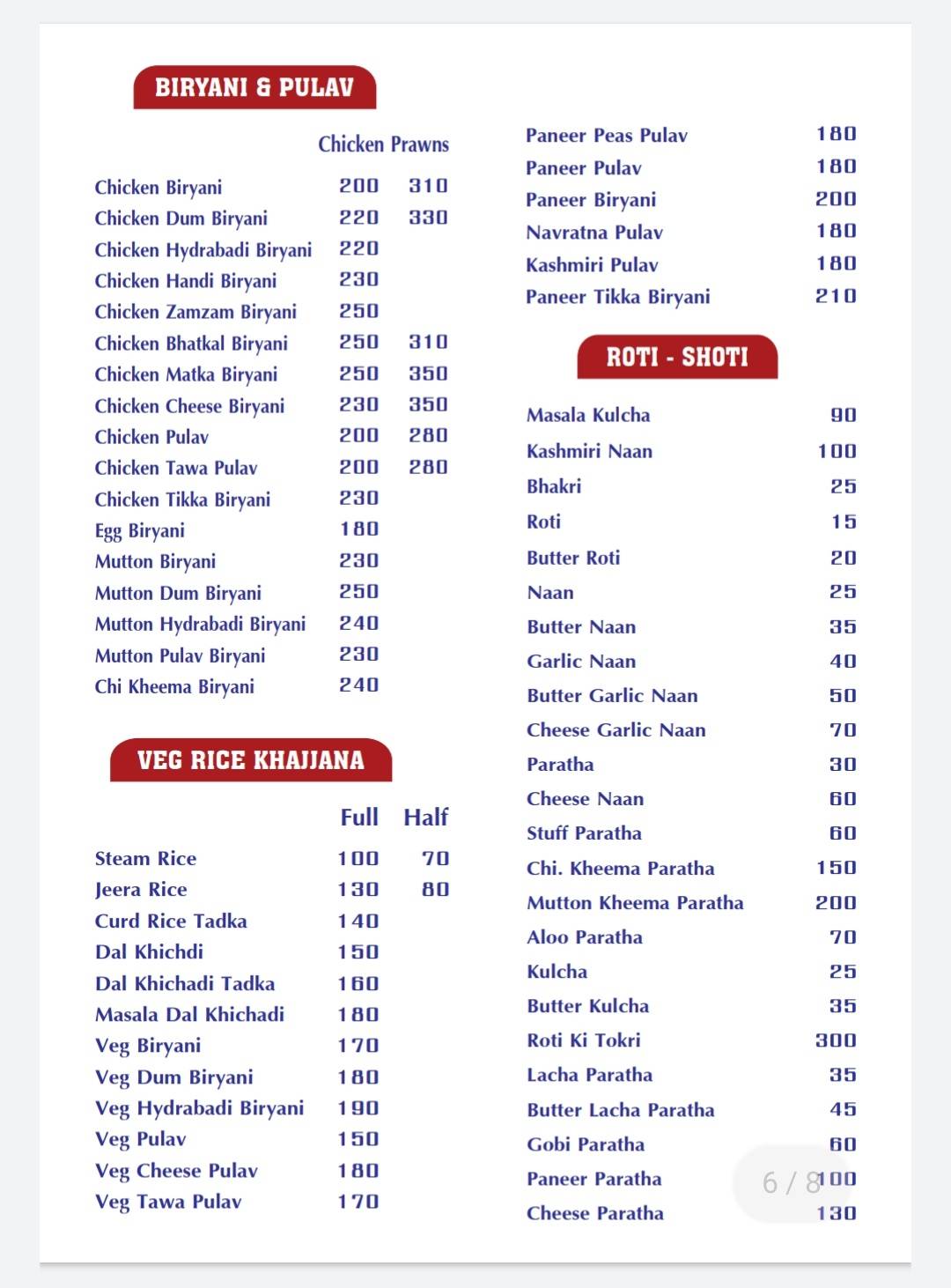 Nikhara Restaurant menu
