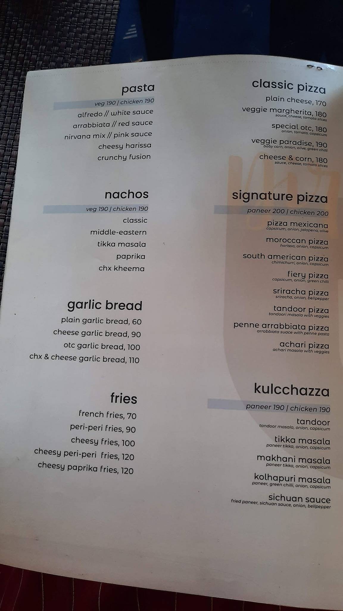 Cafe Nirvana:The Rooftop Restaurant menu