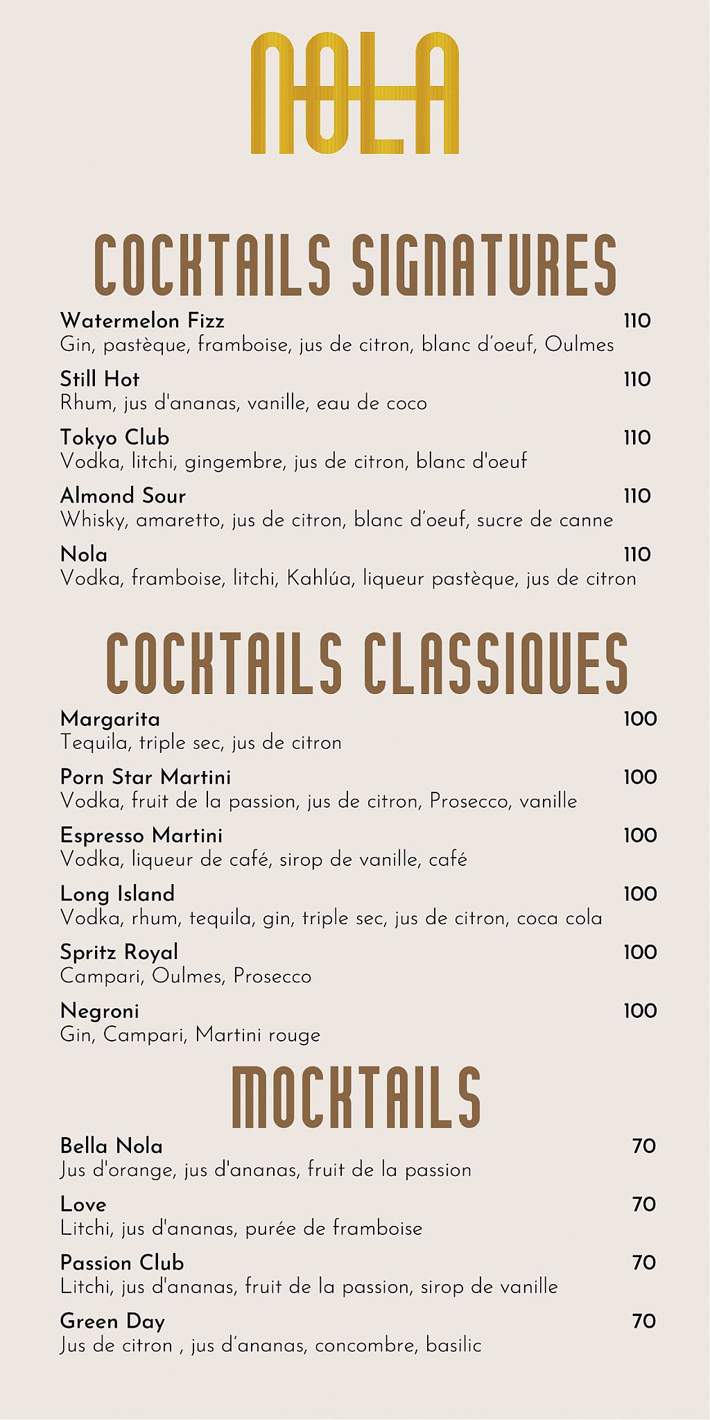 Menu de Restaurant Nola