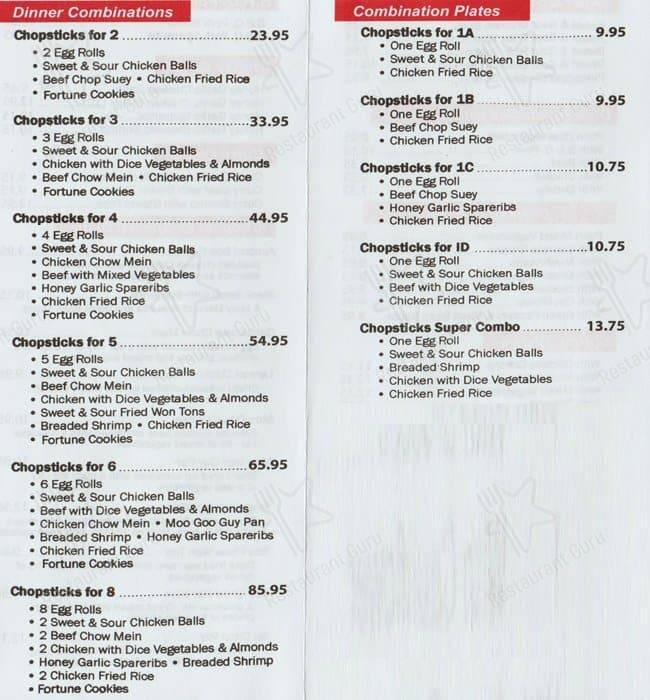 Menu at Chopsticks restaurant, North Bay