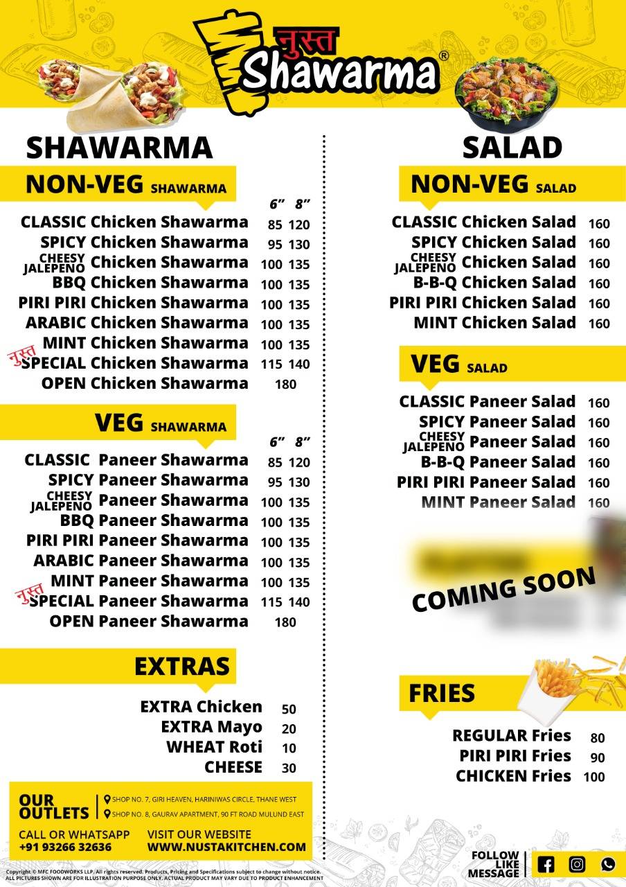 Nusta Shawarma menu