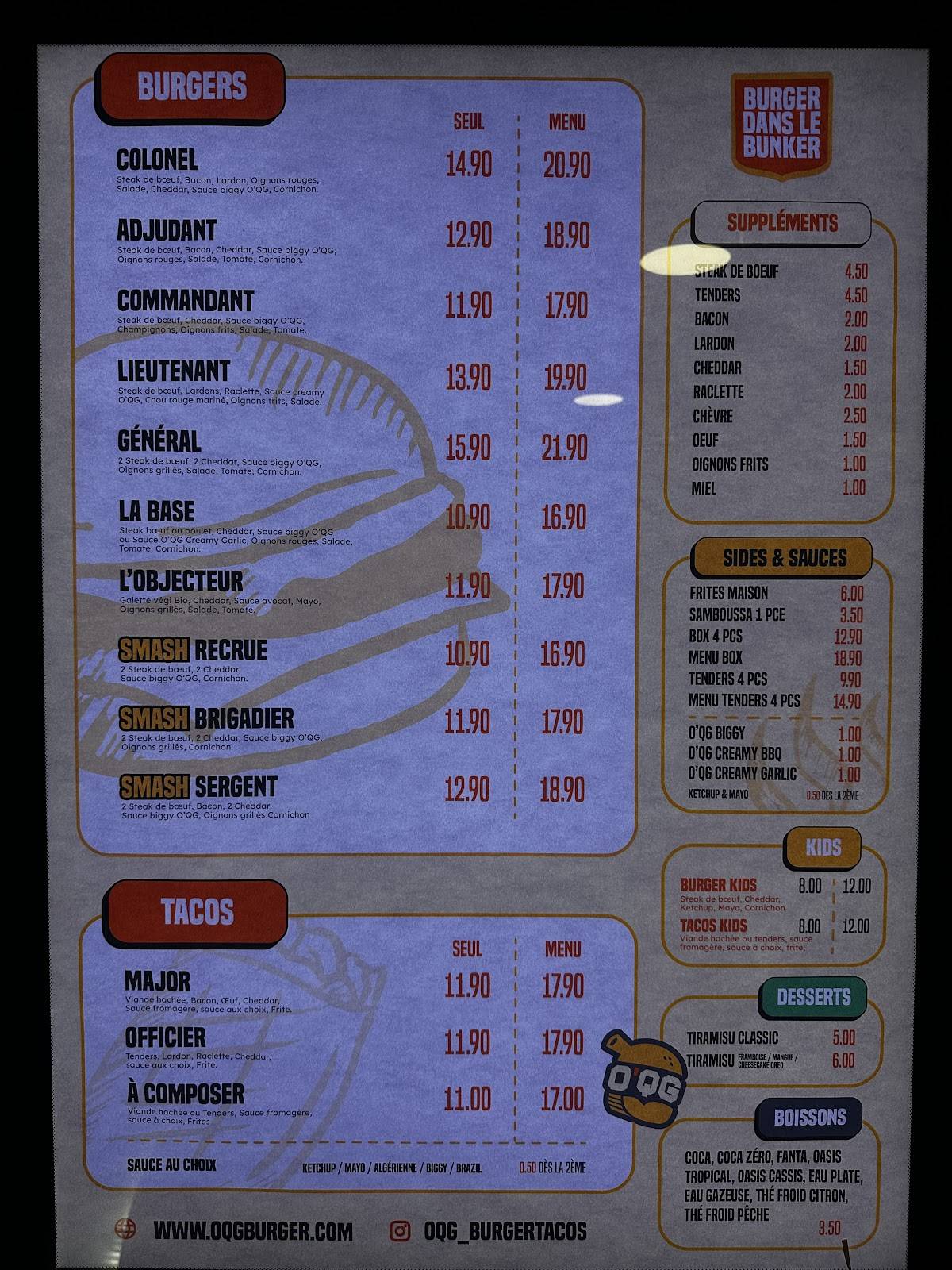 Menu de O'QG Burger & Tacos Neuchâtel