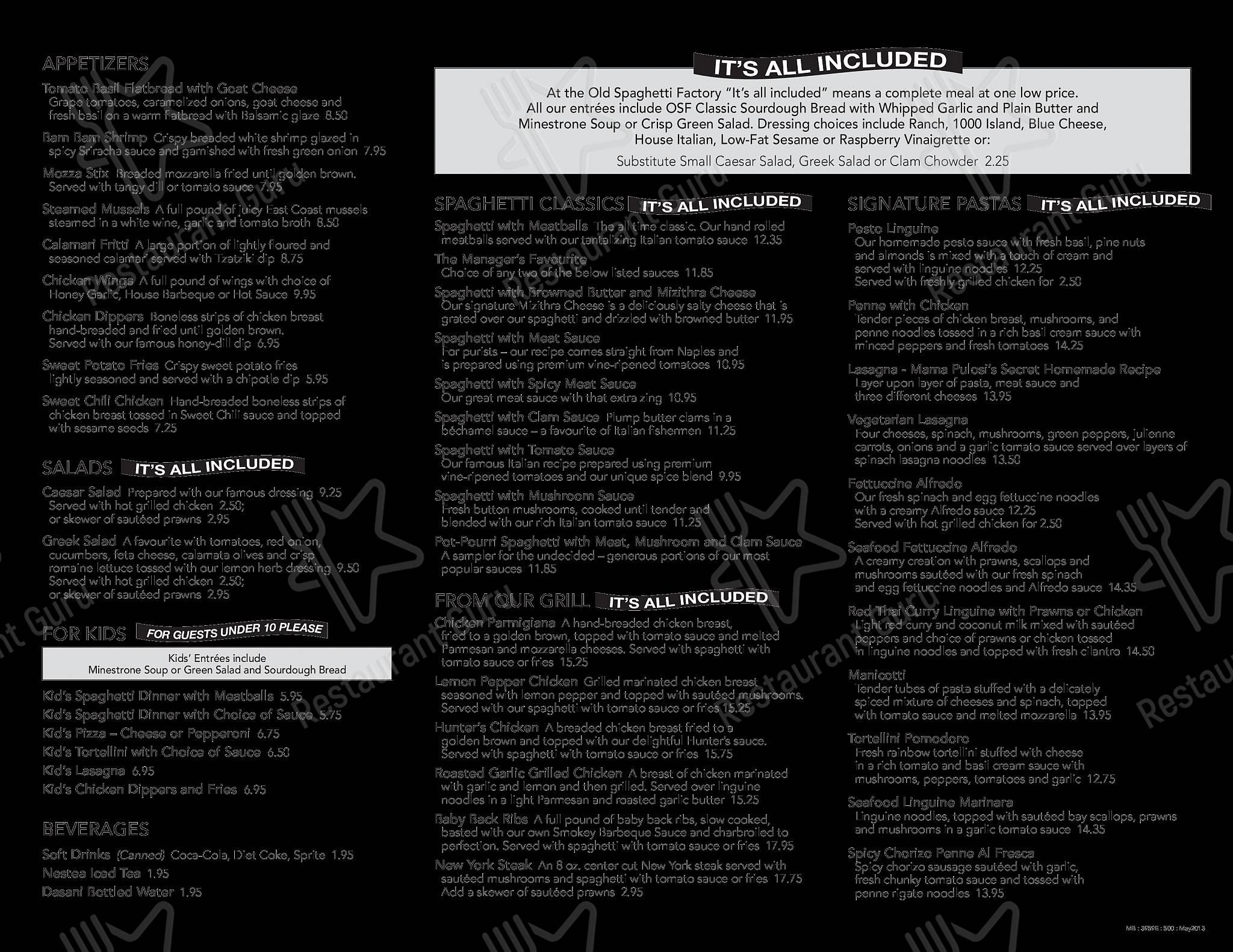 Menu at The Old Spaghetti Factory (Winnipeg) restaurant, Winnipeg