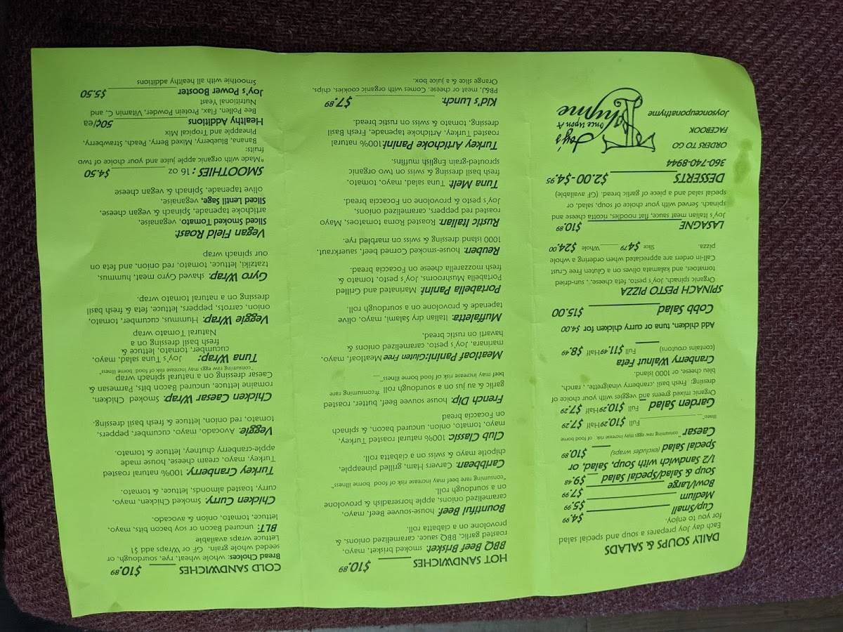 Menu at Once Upon a Thyme cafe, Chehalis