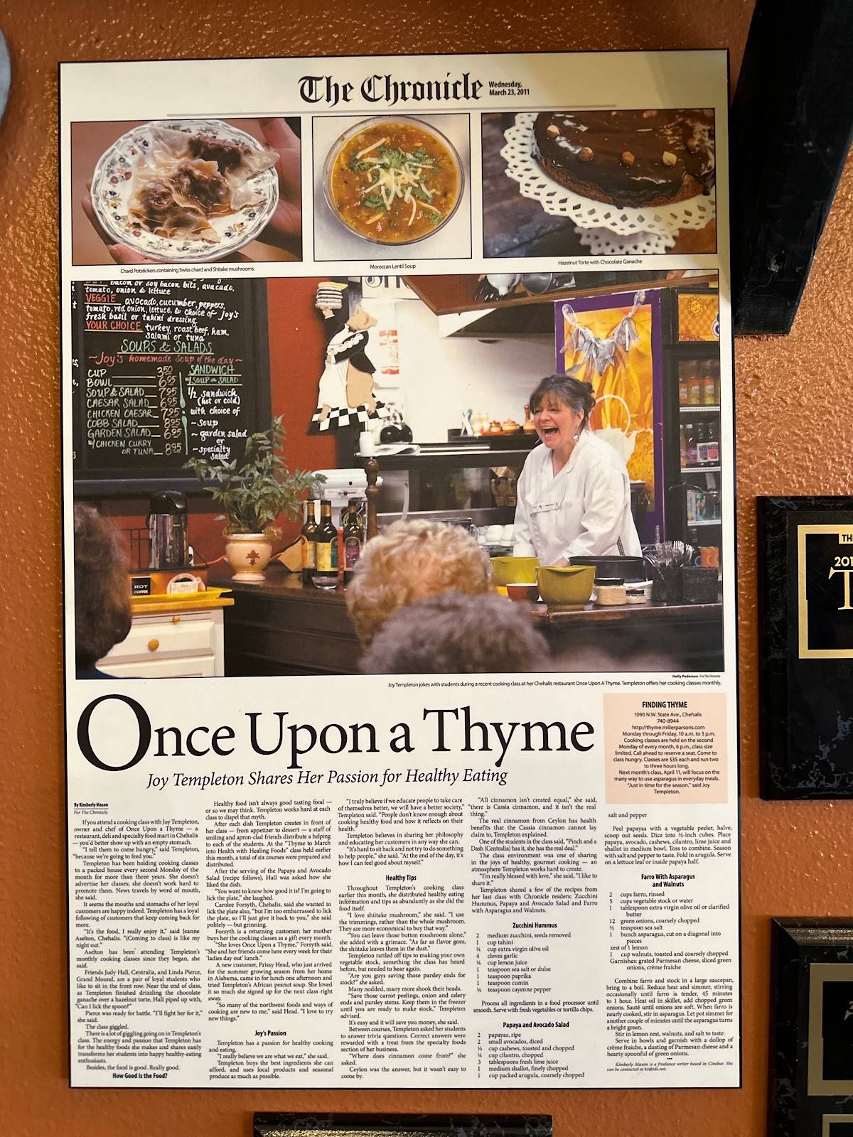 Menu at Once Upon a Thyme cafe, Chehalis