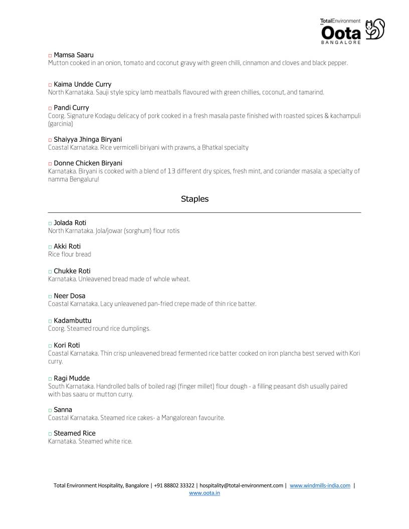 Oota Bangalore menu
